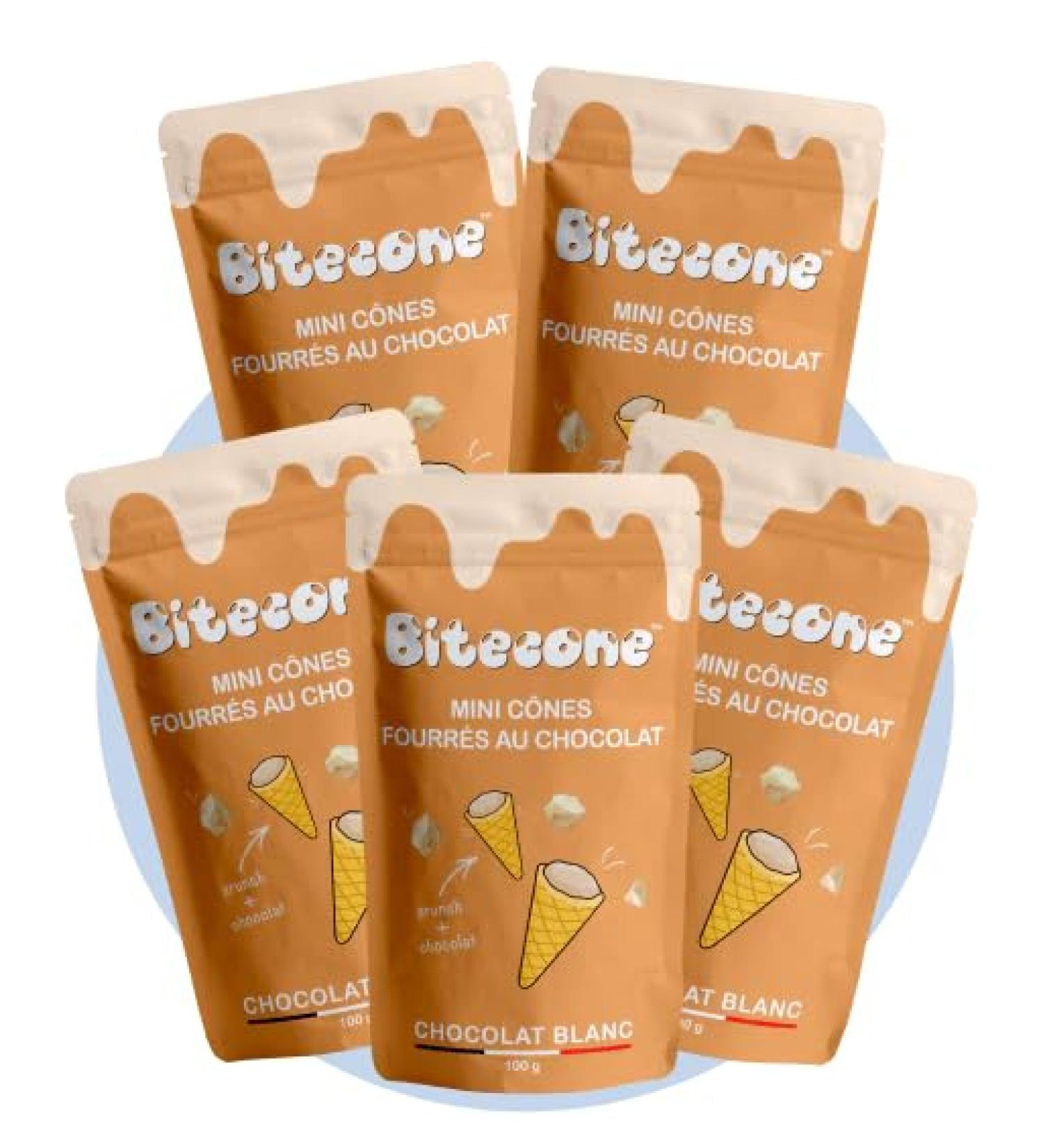BITECONE - White Chocolate | Fine Ice Cream Cone | Mini Filled Cones | Pack of 5 Bags | 100% French Brand | Made in Brittany | Snacks with Sustainable Cocoa | Palm Oil Free | 500g - Buy Online on GoSupps.com