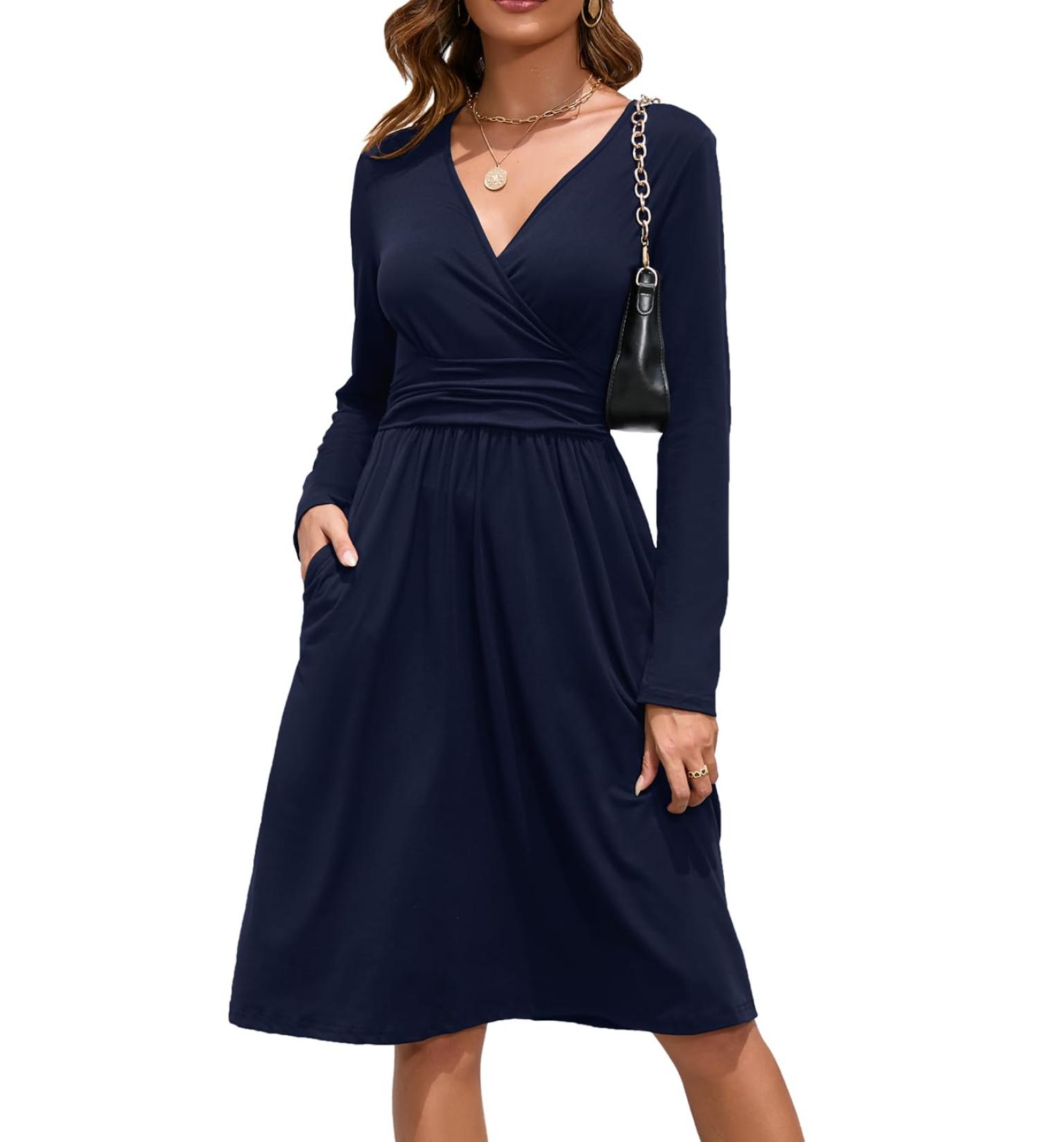OUGES Women's Long Sleeve V-Neck Floral Midi Dress - Navy Blue (XXL) - Buy Online on GoSupps.com