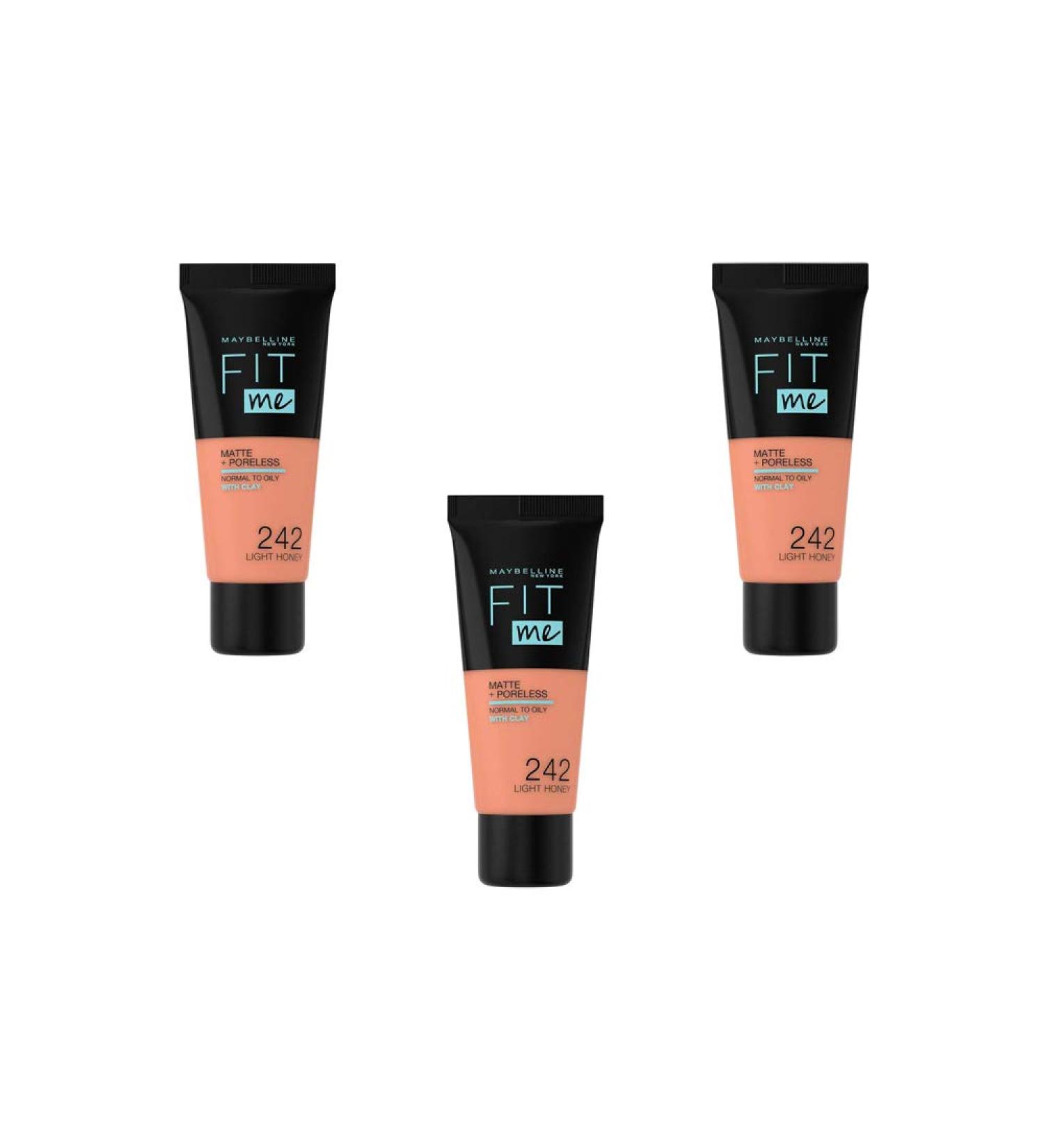Maybelline New York Fit Me Matte & Poreless Fluid Foundation - 242 Light Honey Pack of 3 (3 x 30 ml) - Buy Online on GoSupps.com