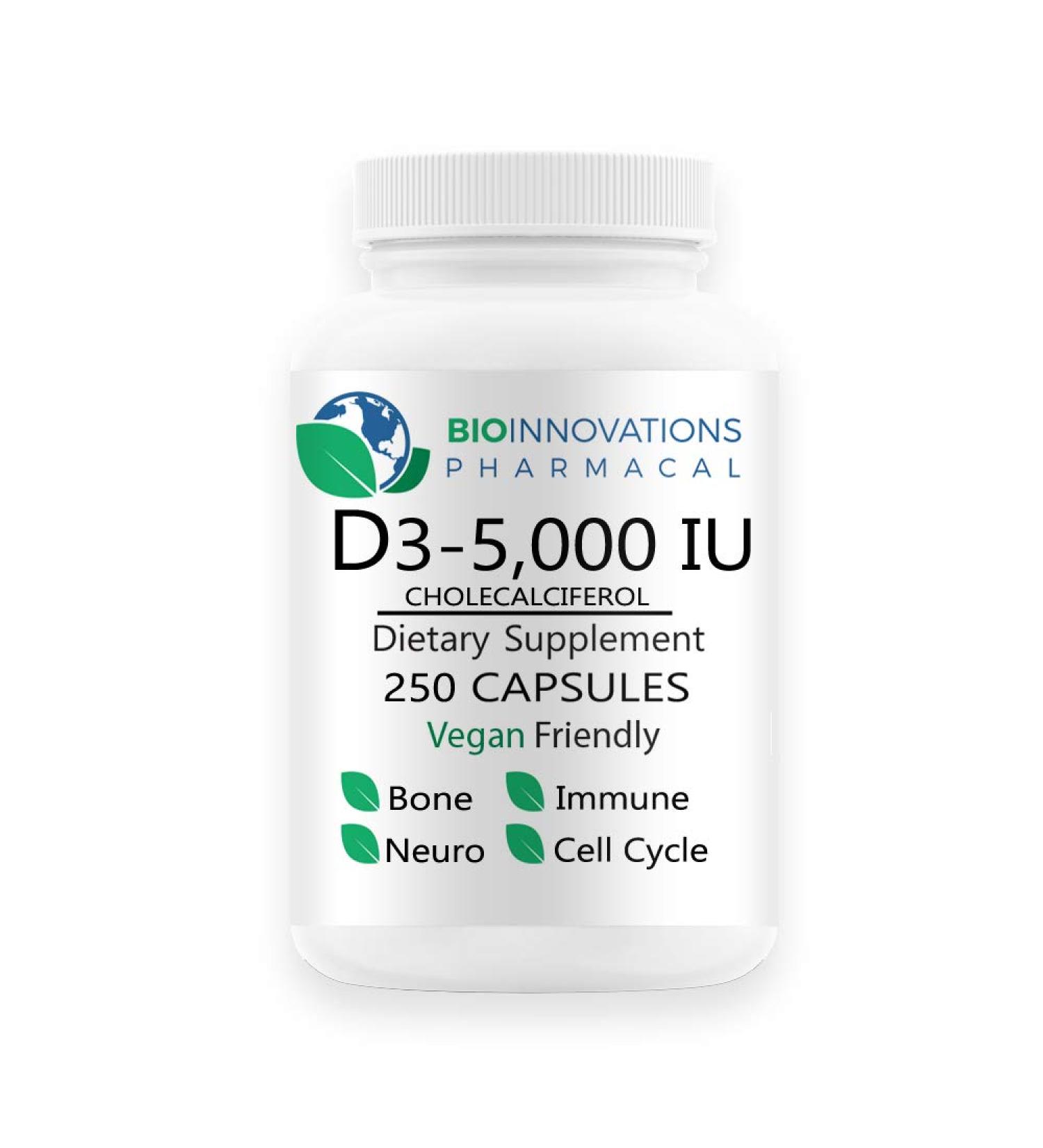 Bio-Innovations Pharmacal Vitamin D3-5000 | 250 Veggie Capsules | Muscle, Bone & Immune Support - Buy Online on GoSupps.com