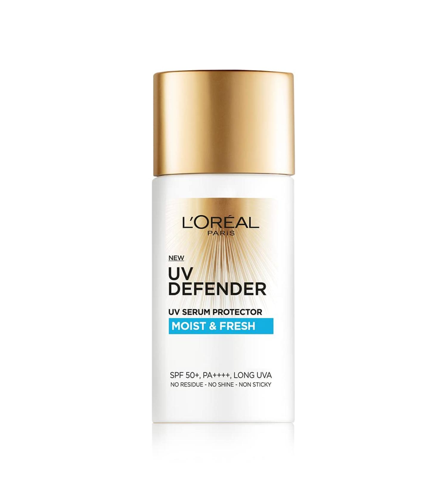 L'Oreal Paris Sunscreen Non-Greasy Hydrating Sunscreen With Hyaluronic Acid UVA & UVB Protection With SPF 50 PA+++ Moist & Fresh UV Defender Serum Protector 50 ml - Buy Online on GoSupps.com