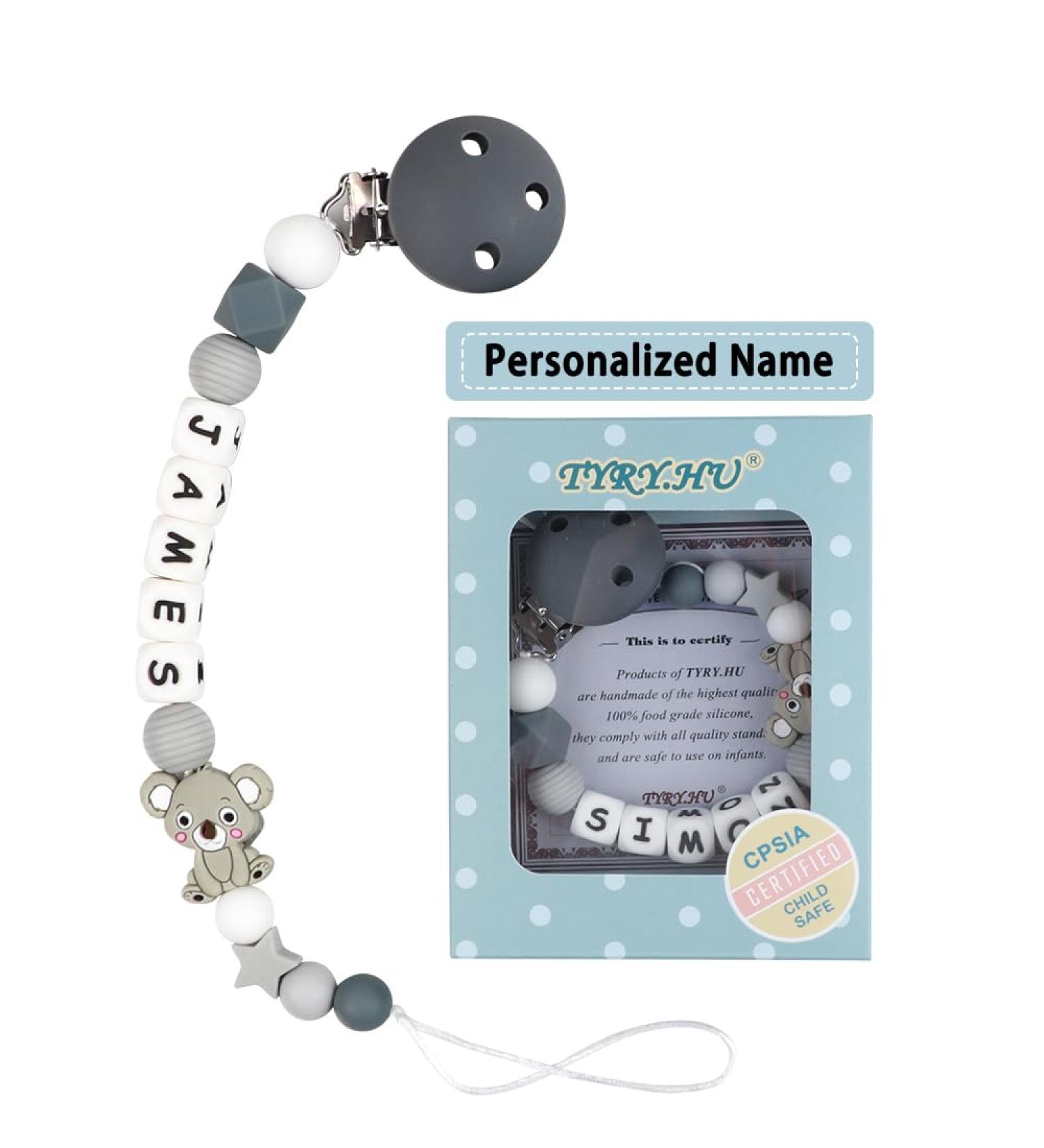 Personalized Tyry.hu Hook Pacifier Chain for Boys & Girls | Custom Baby Pacifier Strap Clip - Ideal Newborn Gift | D-Koala Gray - Buy Online on GoSupps.com