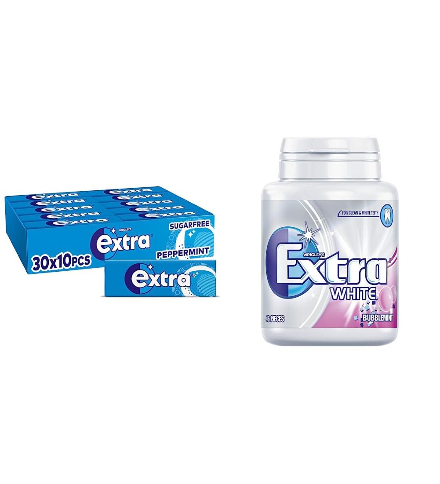 Extra Chewing Gum Sugar Free Peppermint Flavour Chewing Gum Bulk 30 Packs of 10 Pieces & White Chewing Gum Bottle Sugar Free Bubblemint Flavour 46 Pieces - Buy Online on GoSupps.com