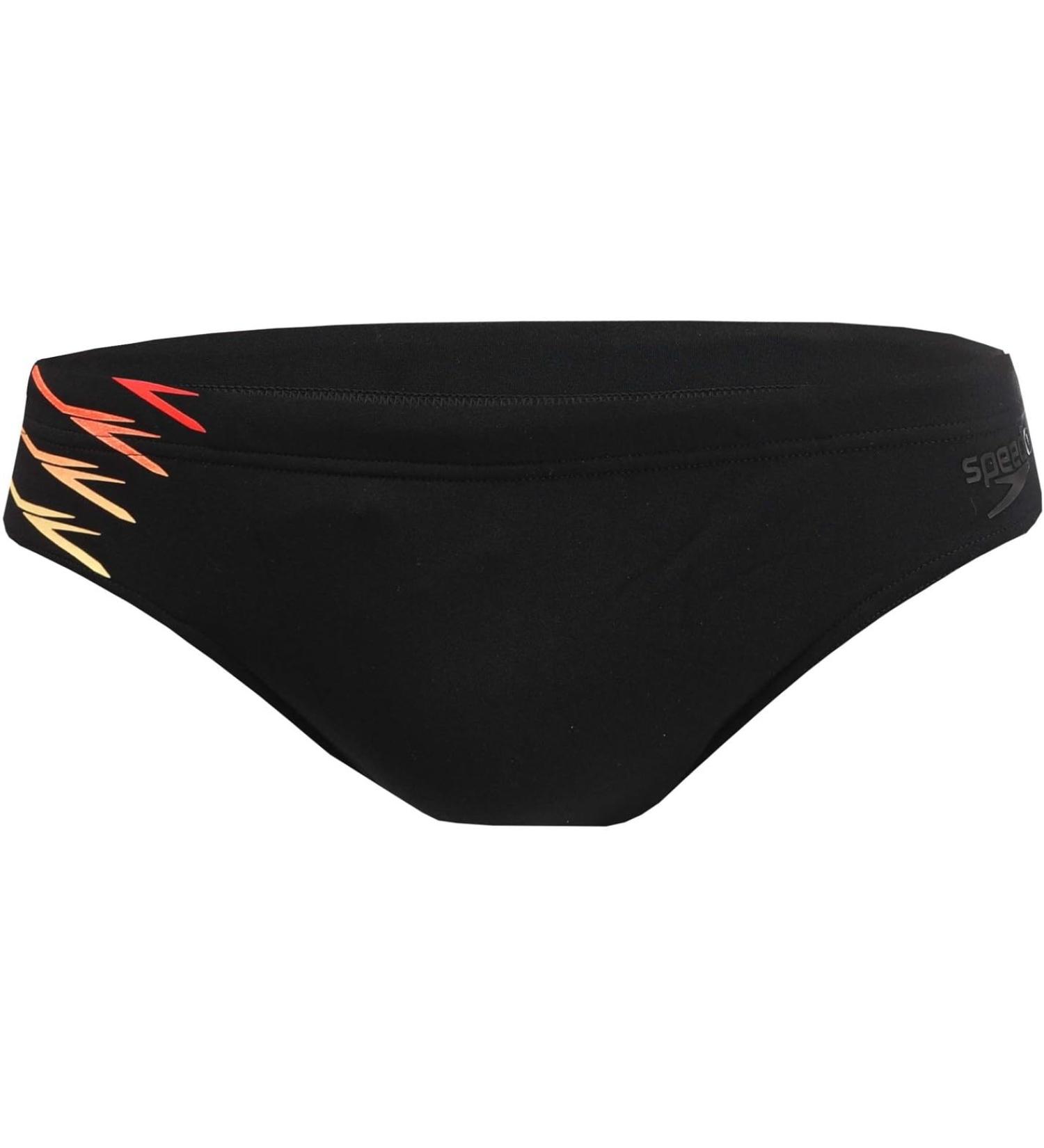 Speedo Men's Tech Panel 7 cm Swim Briefs 30 (DE 3) Black/Lazer Lemon/Dragonfire Orange
