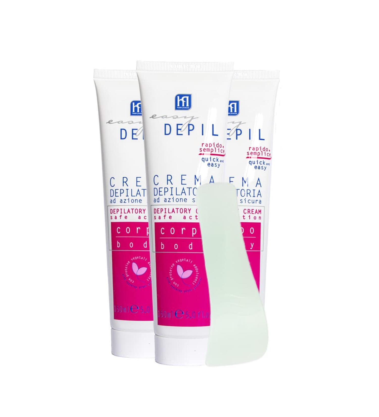  HP HEALTH PRODUCTS EASY DEPIL Easy Depil 3 Piece Hair Removal Cream Kit Body Legs Arm 150ml Fast Simple to Use Effective and Safe with Softening Plant Proteins Smooth Skin Pleasant Scent Unisex - Buy Online on GoSupps.com