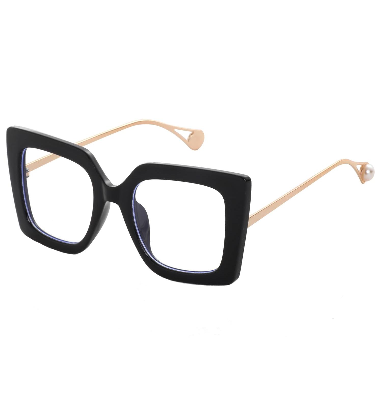 Stylish Oversized Square Blue Light Blocking Glasses for Women | Thick Pearl Inlay Arms | A1 Black 52mm Eyewear - Buy Online on GoSupps.com