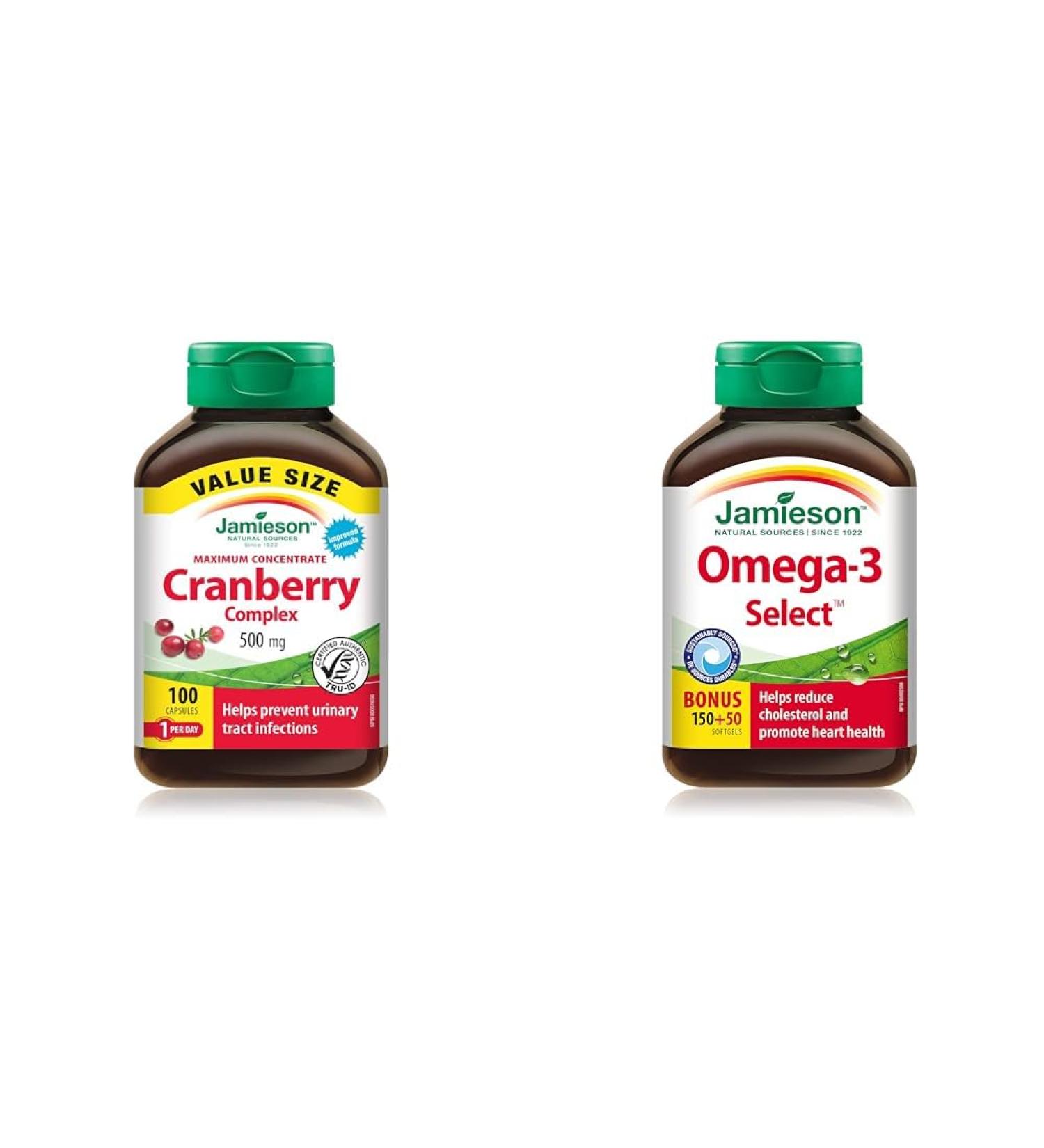 Jamieson Cranberry Complex 500 mg Maximum Concentrate - Value Size Vegetarian Non-GMO Gluten-Free 100 Count (Pack of 1) & Omega-3 Select 1 000 mg - Buy Online on GoSupps.com