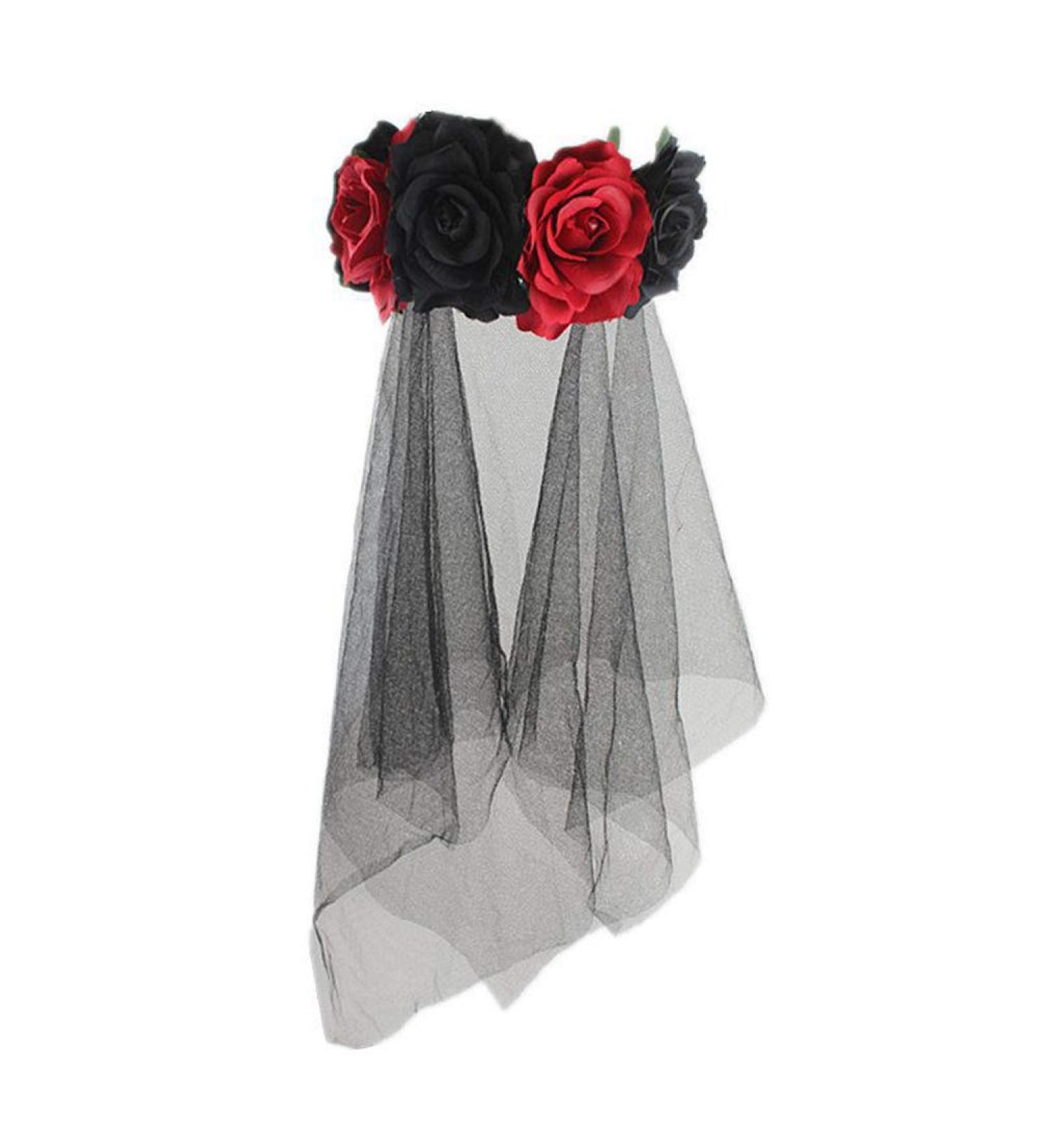 Lurrose Rose Floral Crown Veil Halloween Costume Mexican Headband Day of the Dead Headpiece for Festival Carnival Party Red and Black Gr ße 1 - Buy Online on GoSupps.com