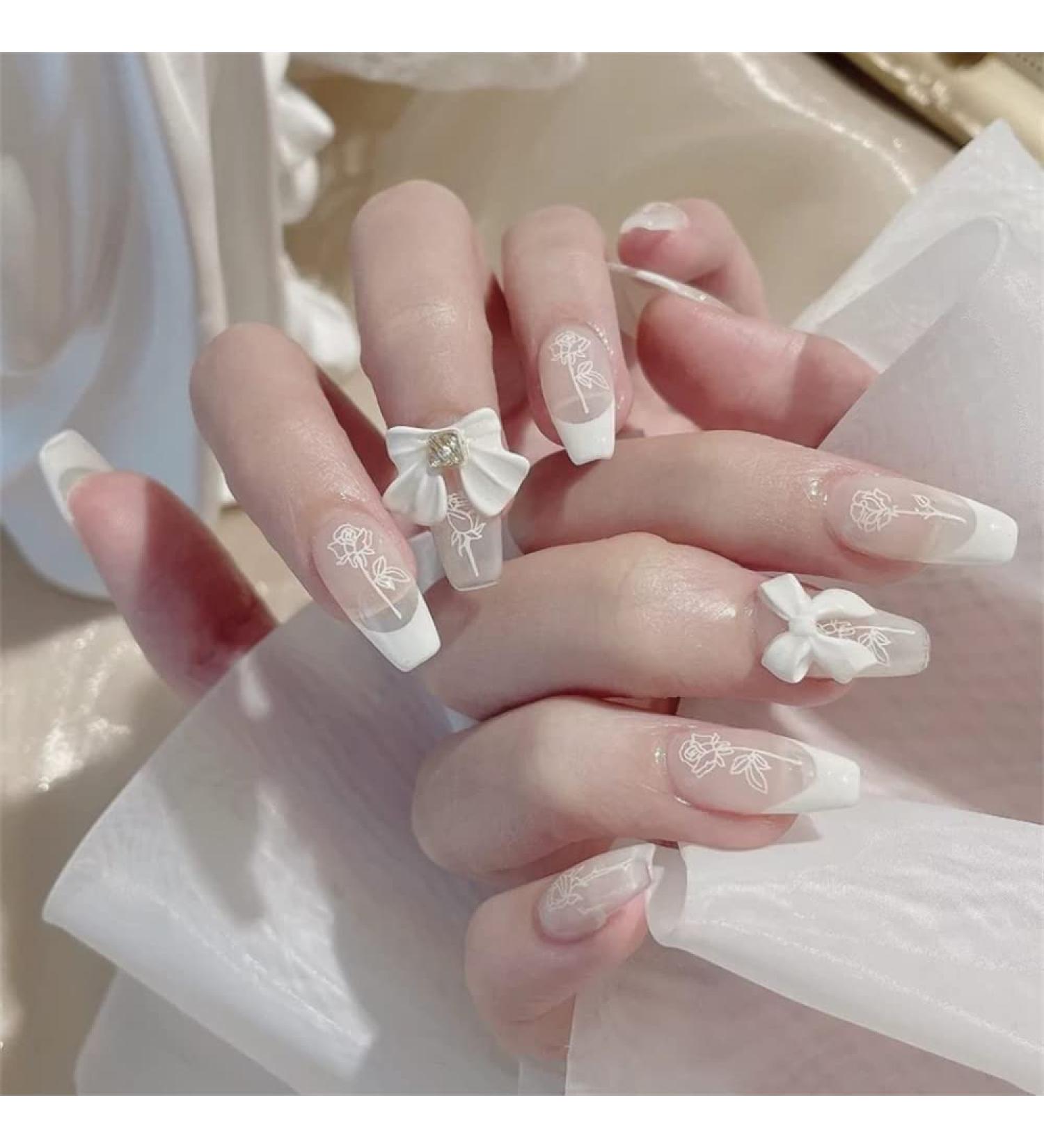 24 PCS French Rose Nails Art White Romantic Nails Sticker Ballerina False Nails Acrylic Full Cover Nails Tips Artificial Finger Manicure for Women and Girls - Buy Online on GoSupps.com