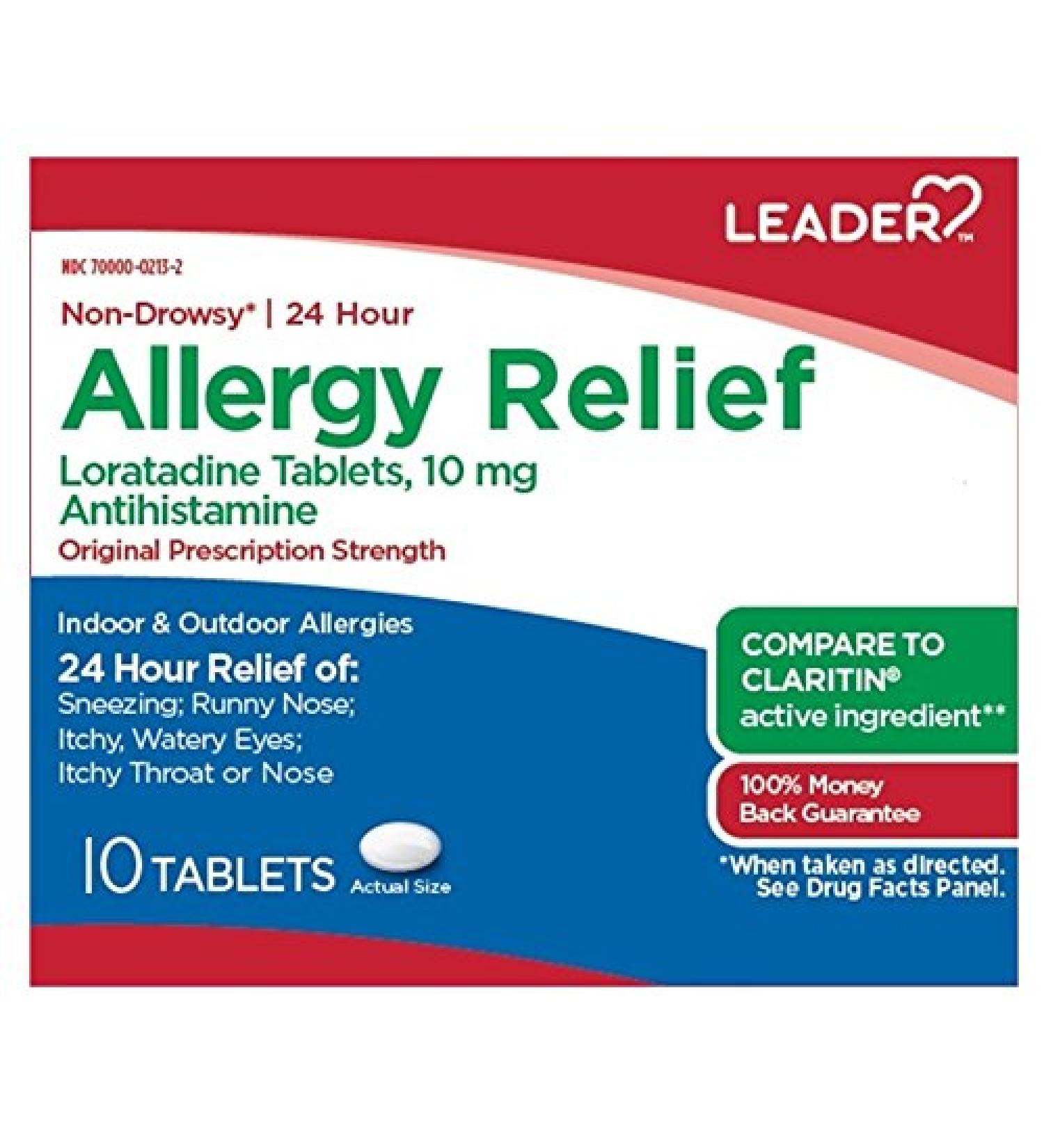 Leader 24 Hour Allergy Relief Loratadine 10mg Tablets Non-Drowsy Antihistamine Indoor and Outdoor Counteract Allergy 10 Tablets Pack of 6