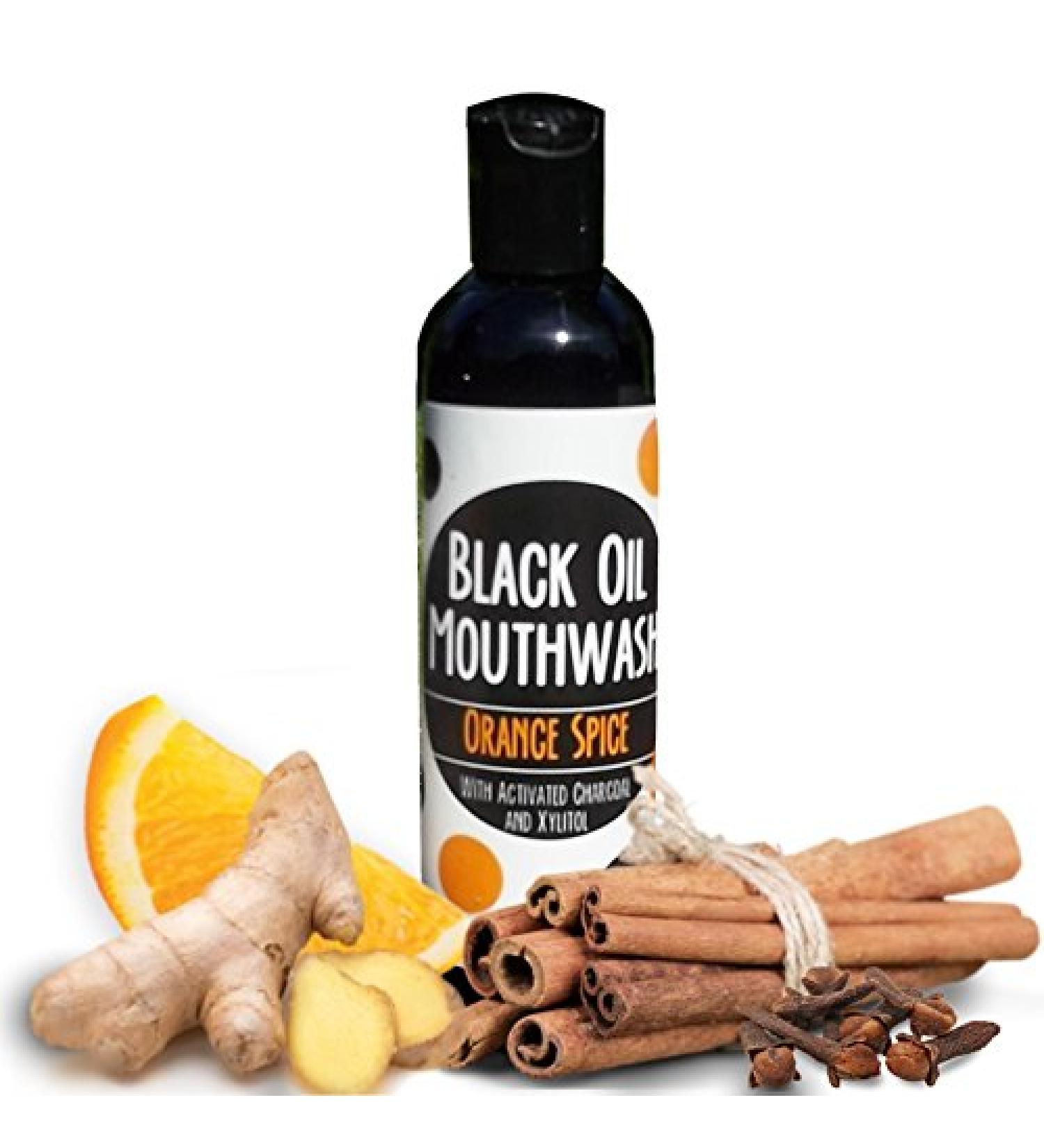 Black Oil Mouthwash - Sweet Orange Cinnamon Spice | Oil Pulling with Activated Charcoal & Xylitol | Whitening & Remineralization - 4 oz - Buy Online on GoSupps.com