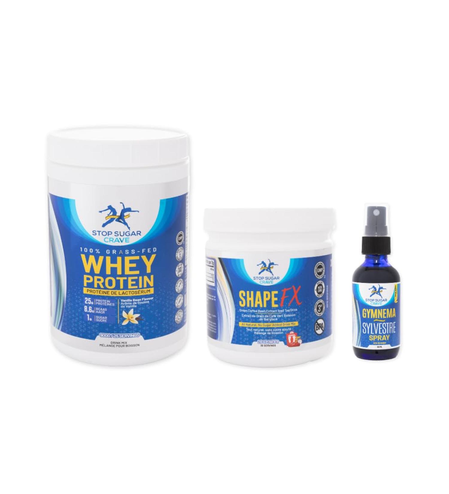 Bundle for Weight Management Sugar Cravings & Blood Sugar Control by Stop Sugar Crave | Gymnema Sylvestre Spray (200 doses) Grass-Fed Whey Protein (Vanilla 25 servings) ShapeFX (30 servings) - Buy Online on GoSupps.com