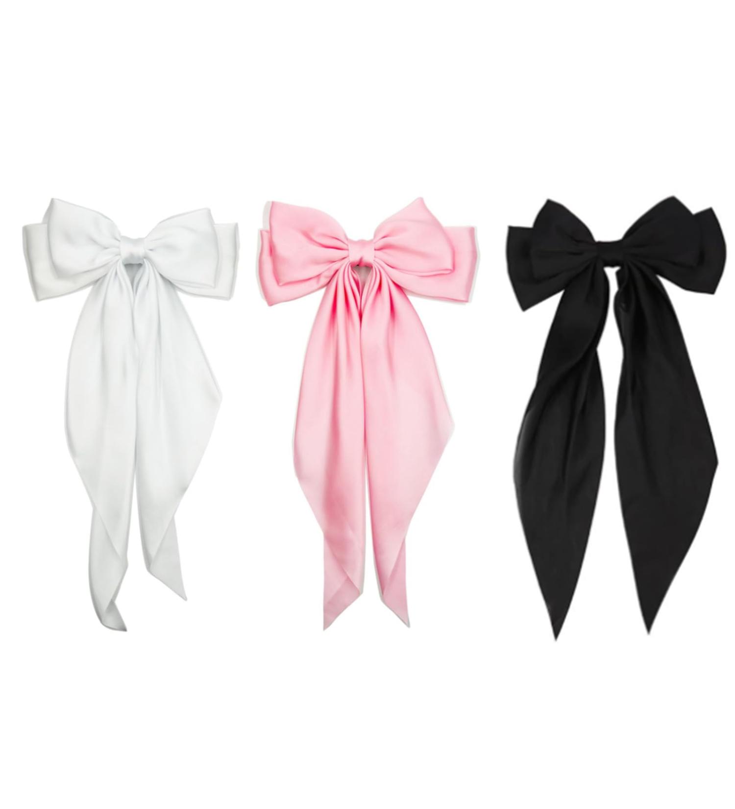 Hair Bow 3 PCS Big Bow Hair Clips Black Bow Hair Clip Hair Clips with Long Silky Satin Ribbon Solid Color Hair Barrettes for Women's trendy accessories (Pink Black White) - Buy Online on GoSupps.com