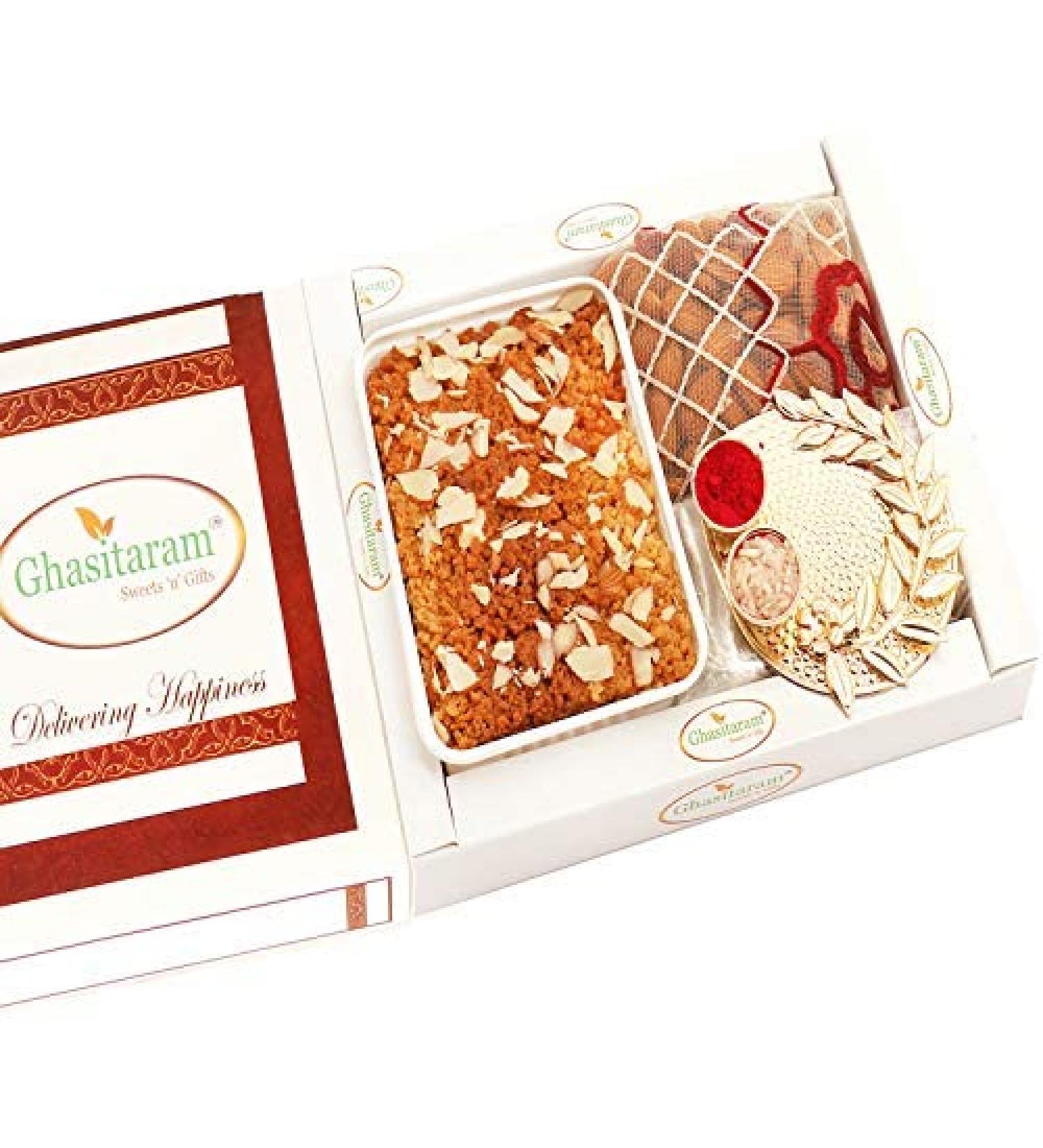 Ghasitaram Gifts Bhaidooj Gifts Bhaidooj Sweet - Milk Cake Pooja Thali and Almonds Pouch - Buy Online on GoSupps.com