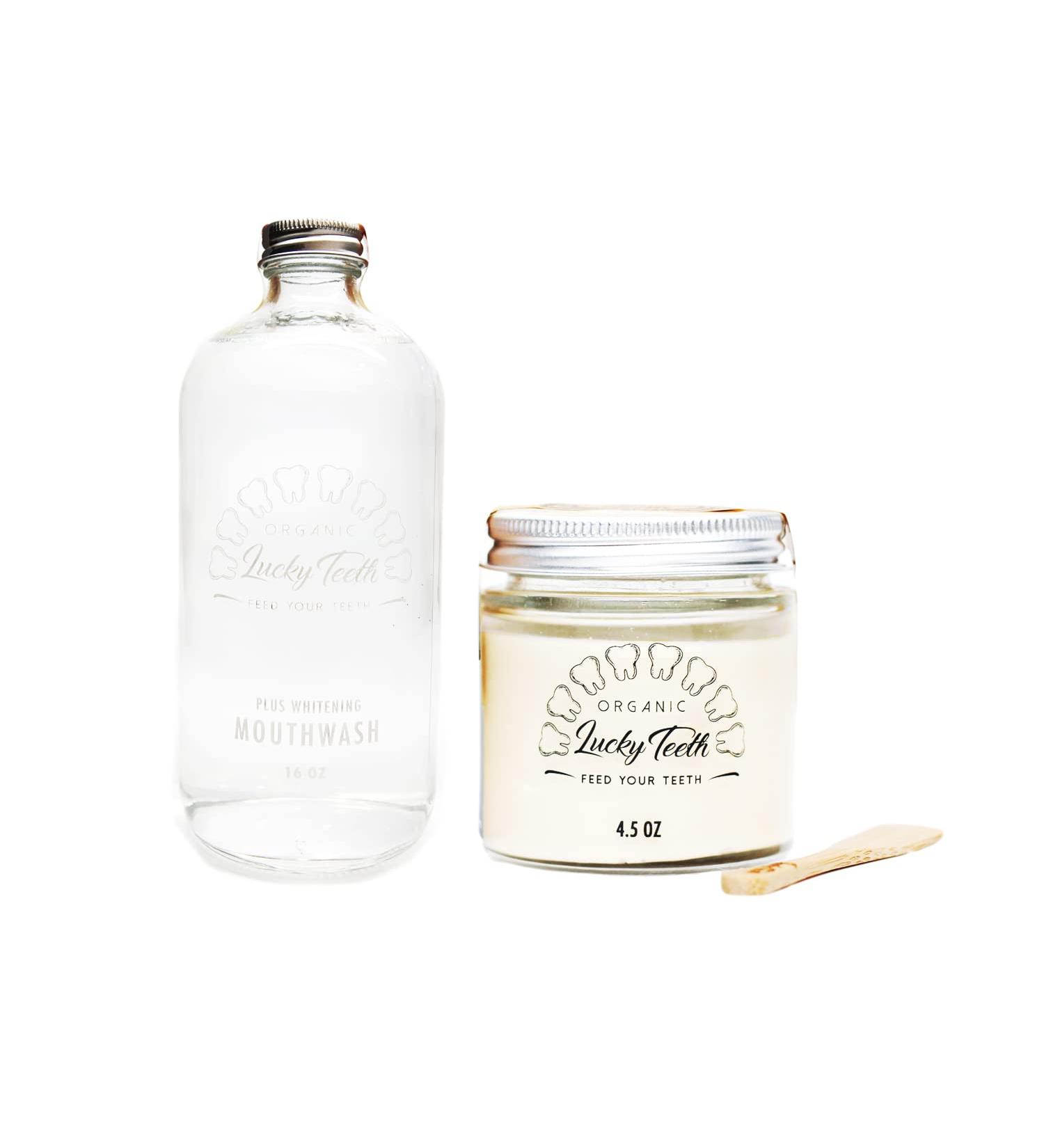 Organic MouthaWash - Plus WHITENING + Remineralizing Toothpaste Pack- Whitens Refreshes. Food Grade Peroxide + Essential Oils. Vegan and Cruelty Free. Glass Jar (16 oz) (Regular 4.5 oz) Regular 2 Fl Oz (Pack of 1)