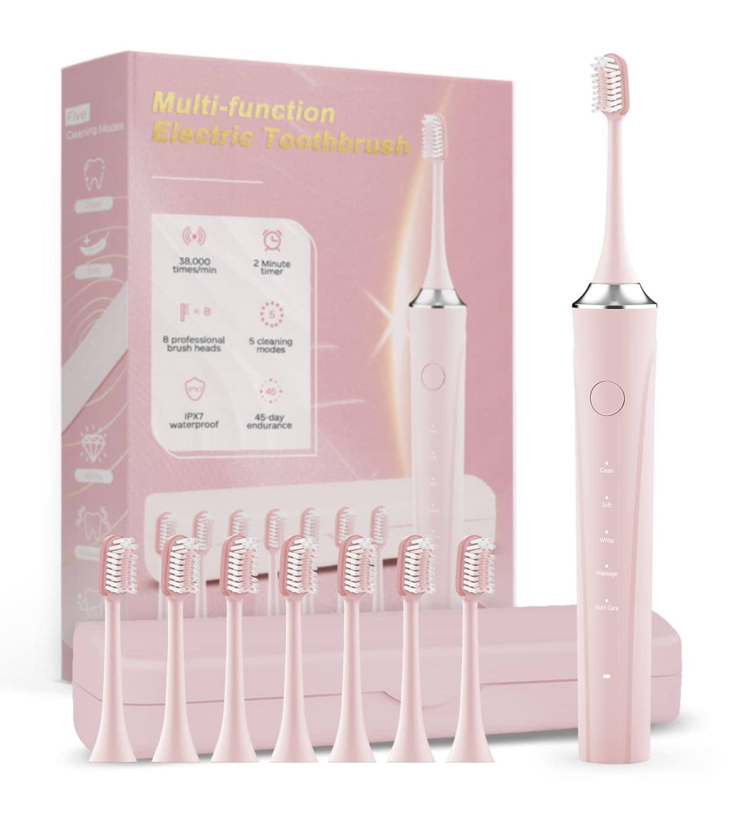 Pink Sonic Electric Toothbrush | Rechargeable for Adults & Kids | 8 Brush Heads, 5 Modes, 2 Minutes Timer | Fast Charge, 45 Days Usage | Travel Case Included - Buy Online on GoSupps.com