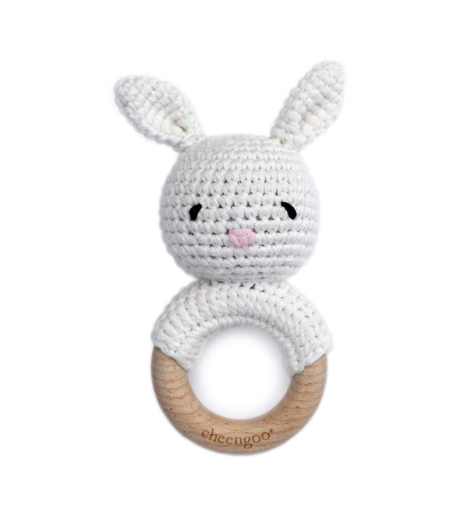 Cheengoo All Natural Baby Toy - White Bunny Rattle Teether