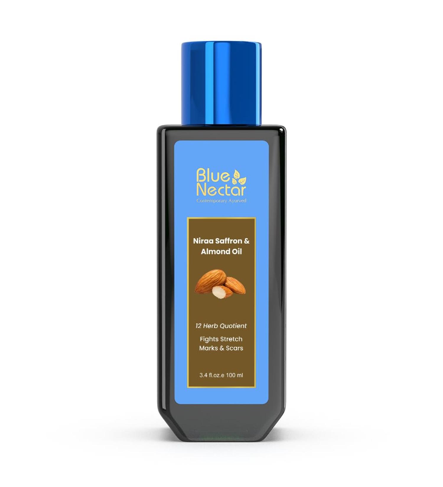 Blue Nectar Saffron & Almond Oil | Fights Stretch Marks & Scars | Moisturizes & Nourishes Skin | Natural Glow Enhancer | For All Skin Types (12 Herbs 100ml) - Buy Online on GoSupps.com