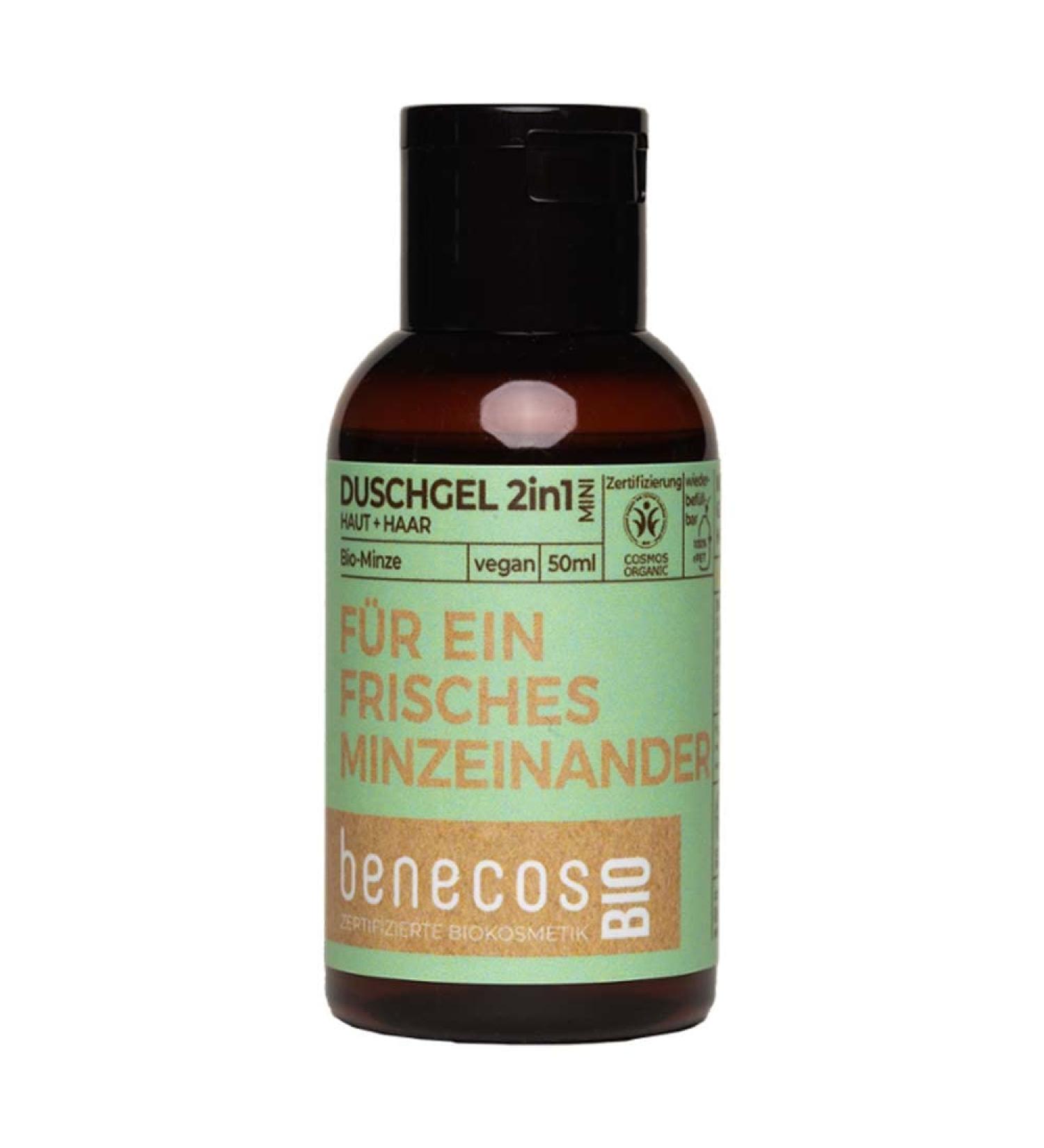 BenecosBIO Mini Shower Gel 2-in-1 Organic Mint Skin & Hair for a Fresh Mint Another - Vegan - Recycled Plastic