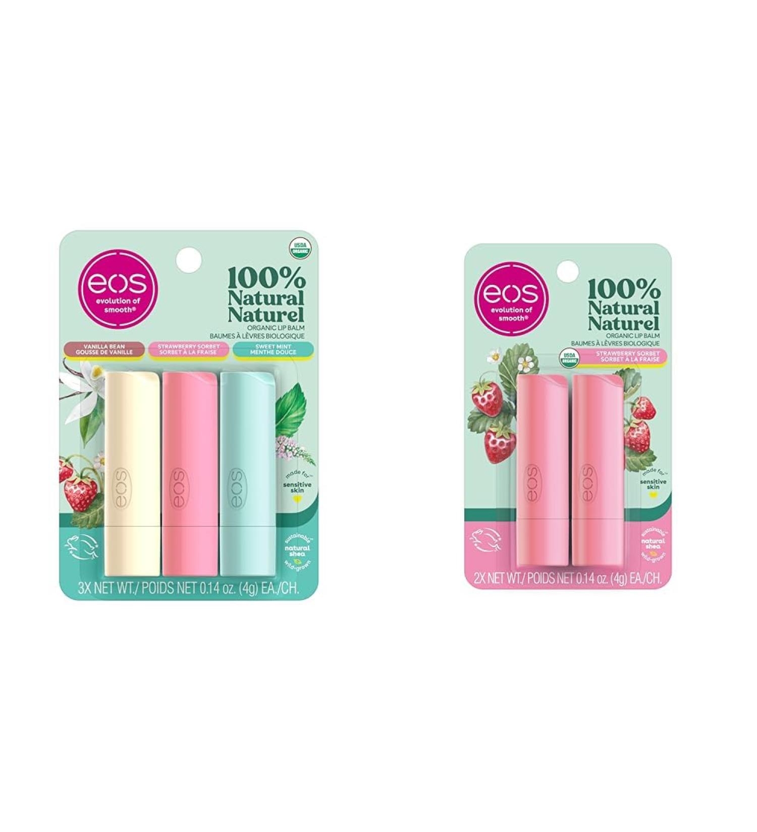 EOS 100% Natural & Organic Lip Balm Stick Variety Pack + Strawberry Sorbet | 5-Pack Variety Pack + Strawberry Sorbet 4 g (Pack of 3) - Buy Online on GoSupps.com