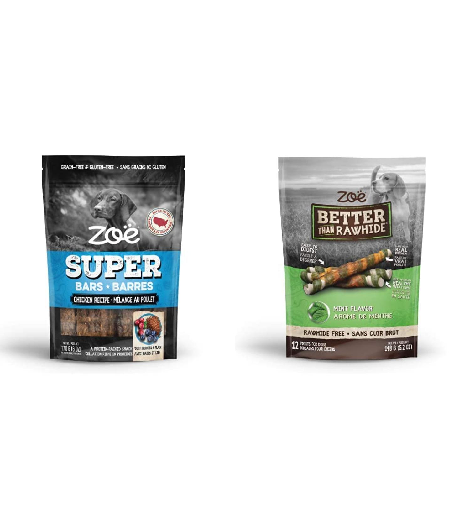 Zoe Super Bars for dogs Chicken Recipe + Zoe Better Than Rawhide Twists for Dogs Mint Flavor
