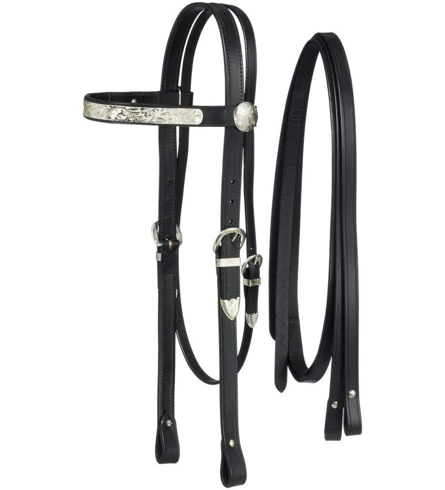 Tough-1 Draft/Large Horse Silver Show Headstall and Reins Black