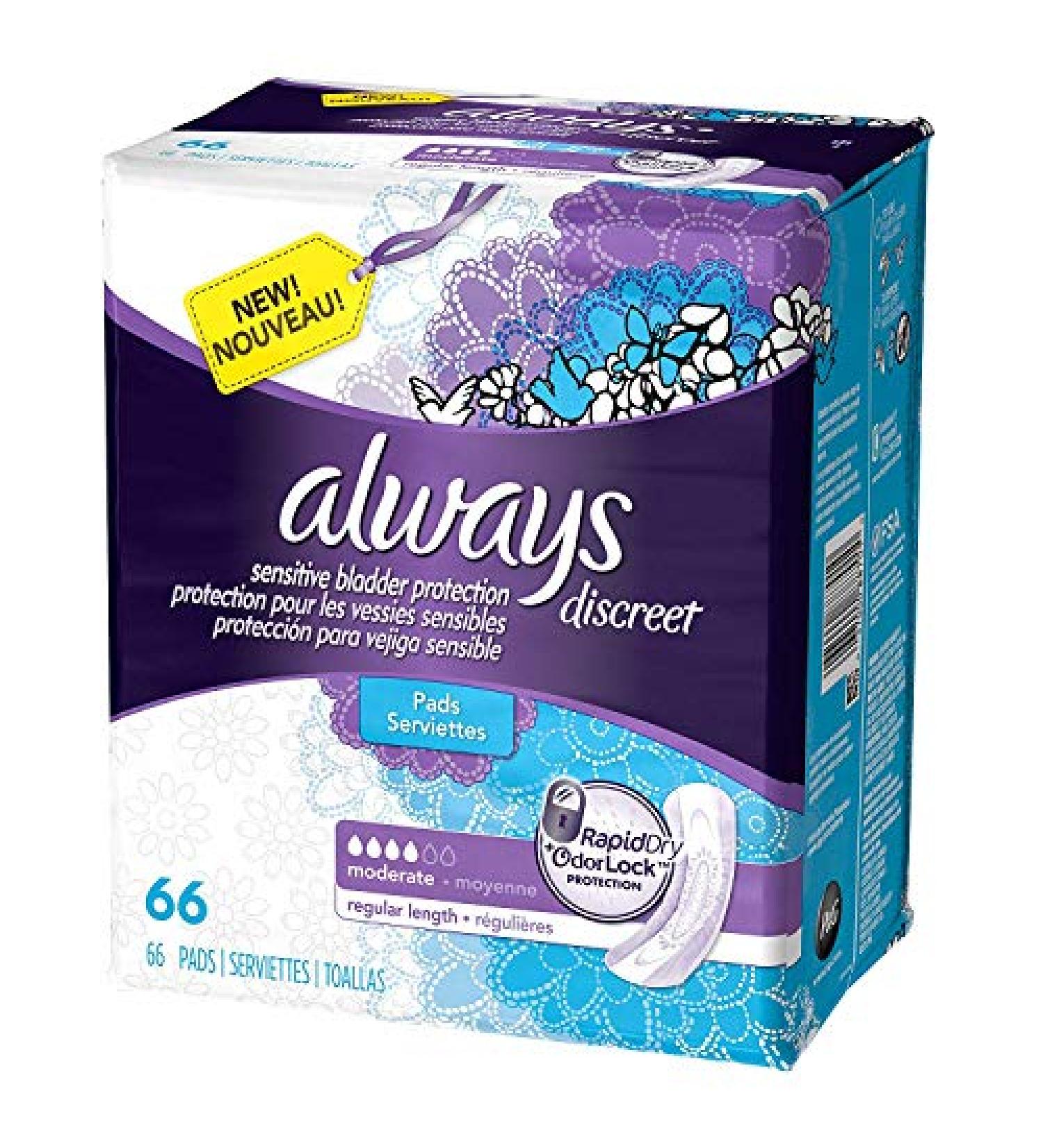 Always Discreet Incontinence Pads Moderate Regular Length 66 Count - 2 Pack | 132 Pads Total - Buy Online on GoSupps.com