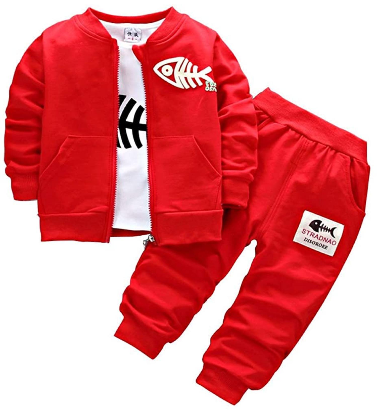 BINIDUCKLING Baby Boys 3-Piece Outfit Set | Coat, Pants & Shirt | Toddler Casual Clothes | Red | 2-3 Years - Buy Online on GoSupps.com