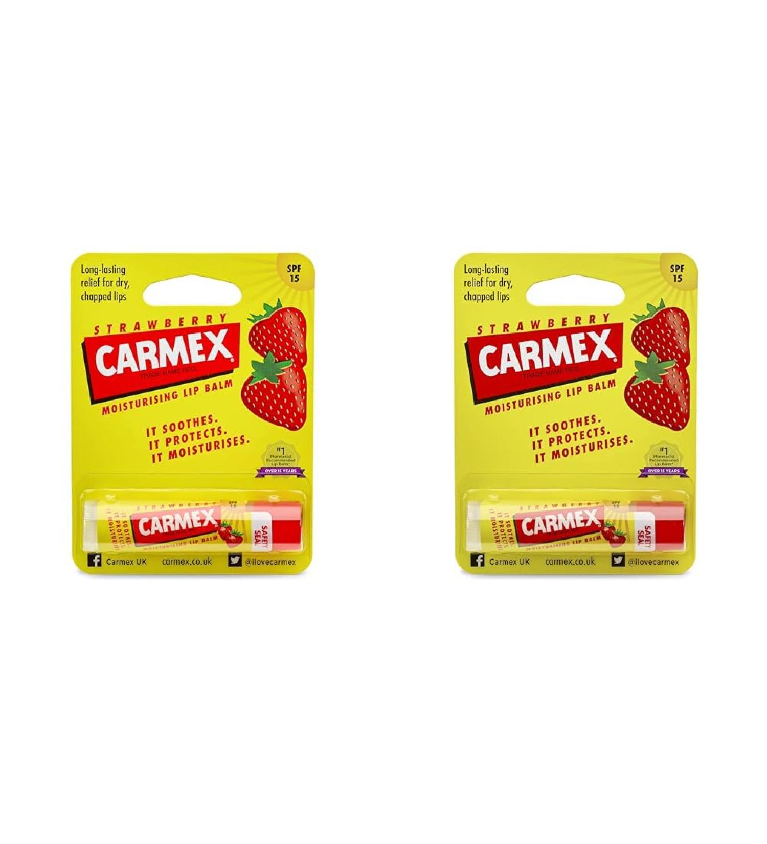 CARMEX Strawberry SPF15 Lip Balm Stick (4.25g) Softens and Hydrates Lips (Pack of 2) 1 (Pack of 2) - Buy Online on GoSupps.com