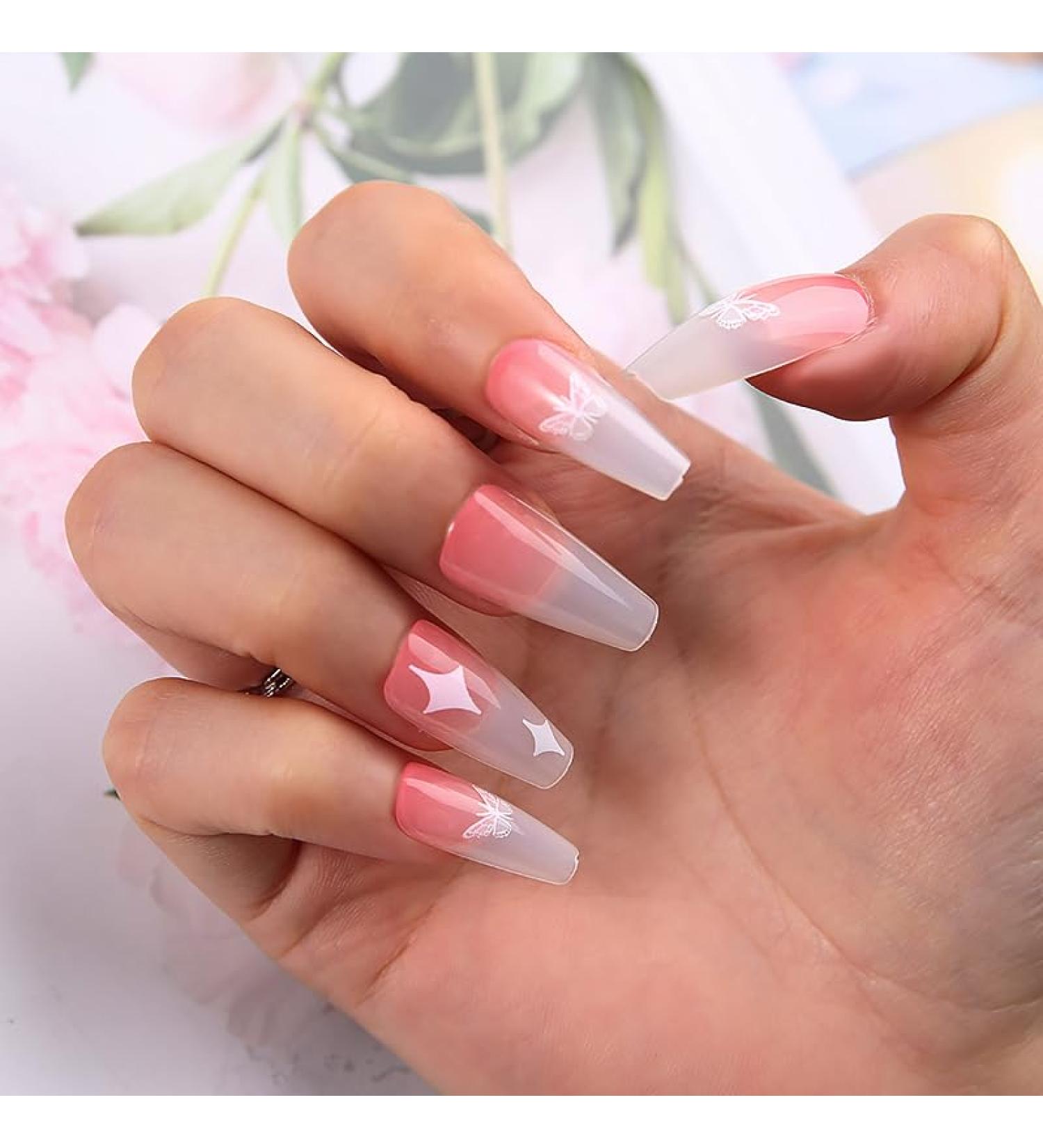 24Pcs/Set Press On Nails Star Pink Gradual Butterfly Long Trapezoidal False Nails Acrylic Fake Nails Full Cover Nails Tips Artificial Finger Manicure Press on nails for Women and Girls - Buy Online on GoSupps.com