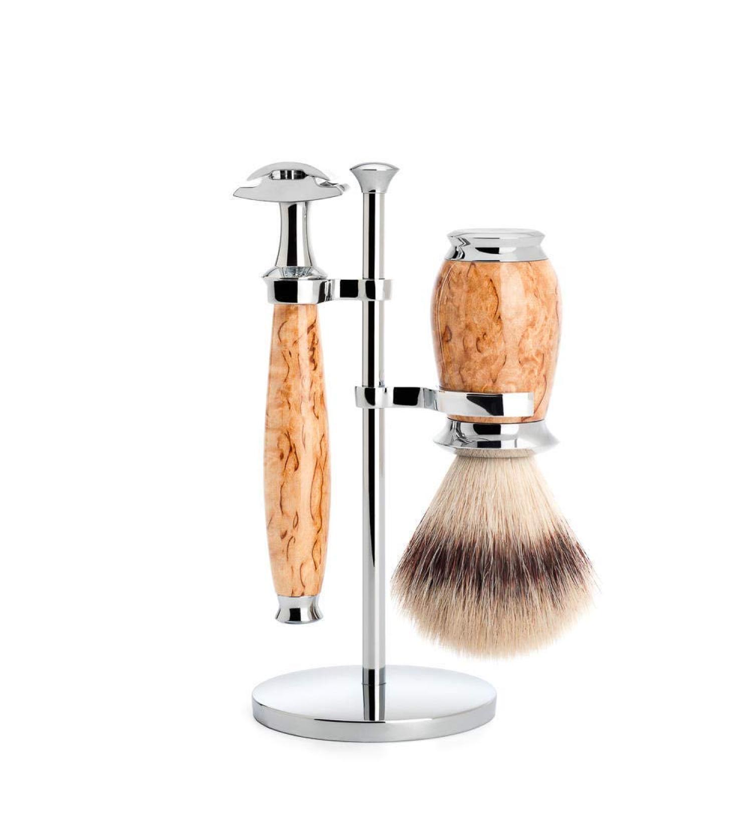 M HLE Purist Shaving Set - Silvertip Fibre Safety Razor with Karelian Curly Birch Handle | Premium International Shipping - Buy Online on GoSupps.com