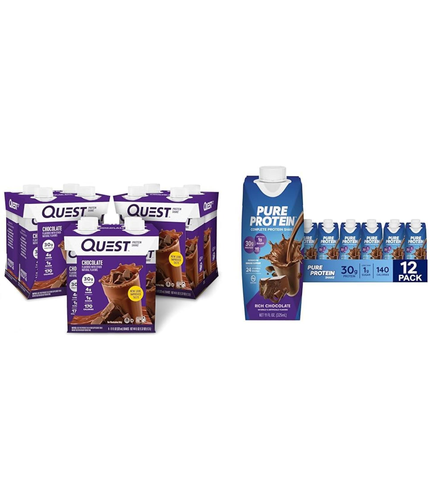 Quest Nutrition Chocolate Protein Shake Pack of 12 & Pure Protein Chocolate Protein Shake Pack of 12 30g Protein 11oz Bottles - Buy Online on GoSupps.com