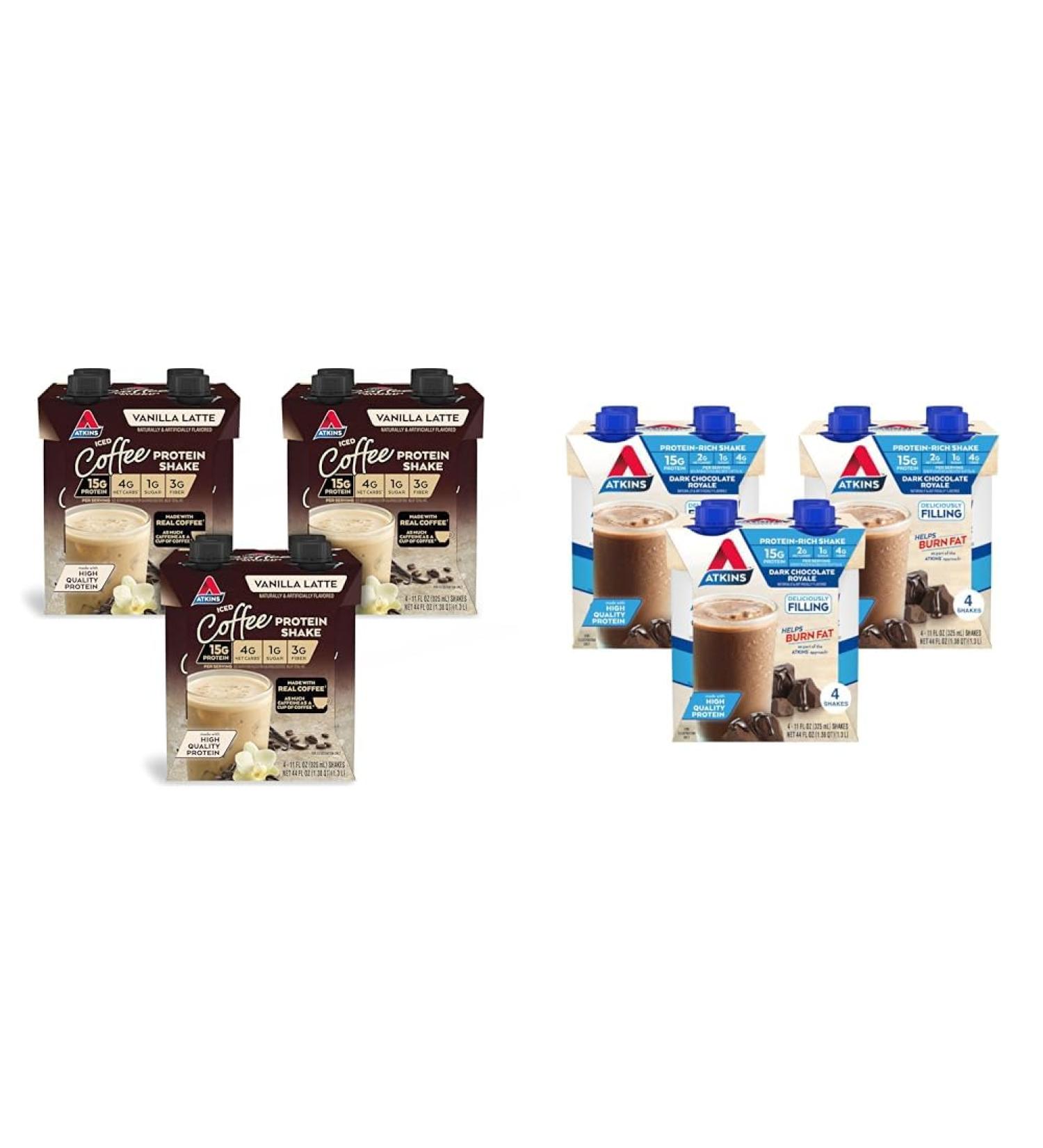 Atkins Iced Coffee Vanilla Latte Protein Shake 15g Protein Low Glycemic 4g Net Carb 1g Sugar & Dark Chocolate Royale Protein Shake 15g Protein Low Glycemic 2g Net Carb 1g Sugar - Buy Online on GoSupps.com
