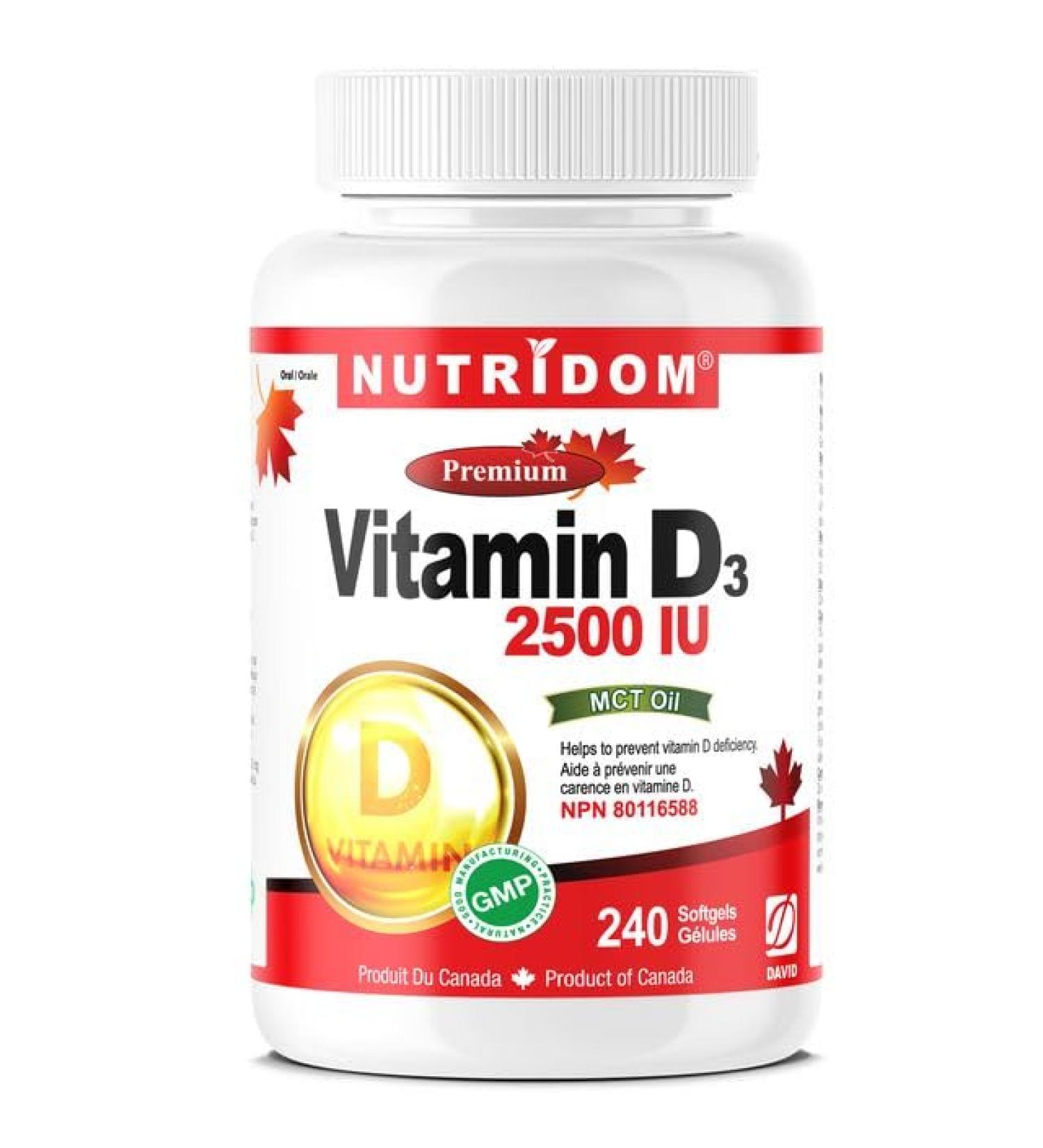 Nutridom Vitamin D3 2 500 IU (62.5mcg) 240 Softgels 8 Month Supply Non-GMO Gluten-Free Helps Support Immune Health Strong Bones and Teeth - Buy Online on GoSupps.com