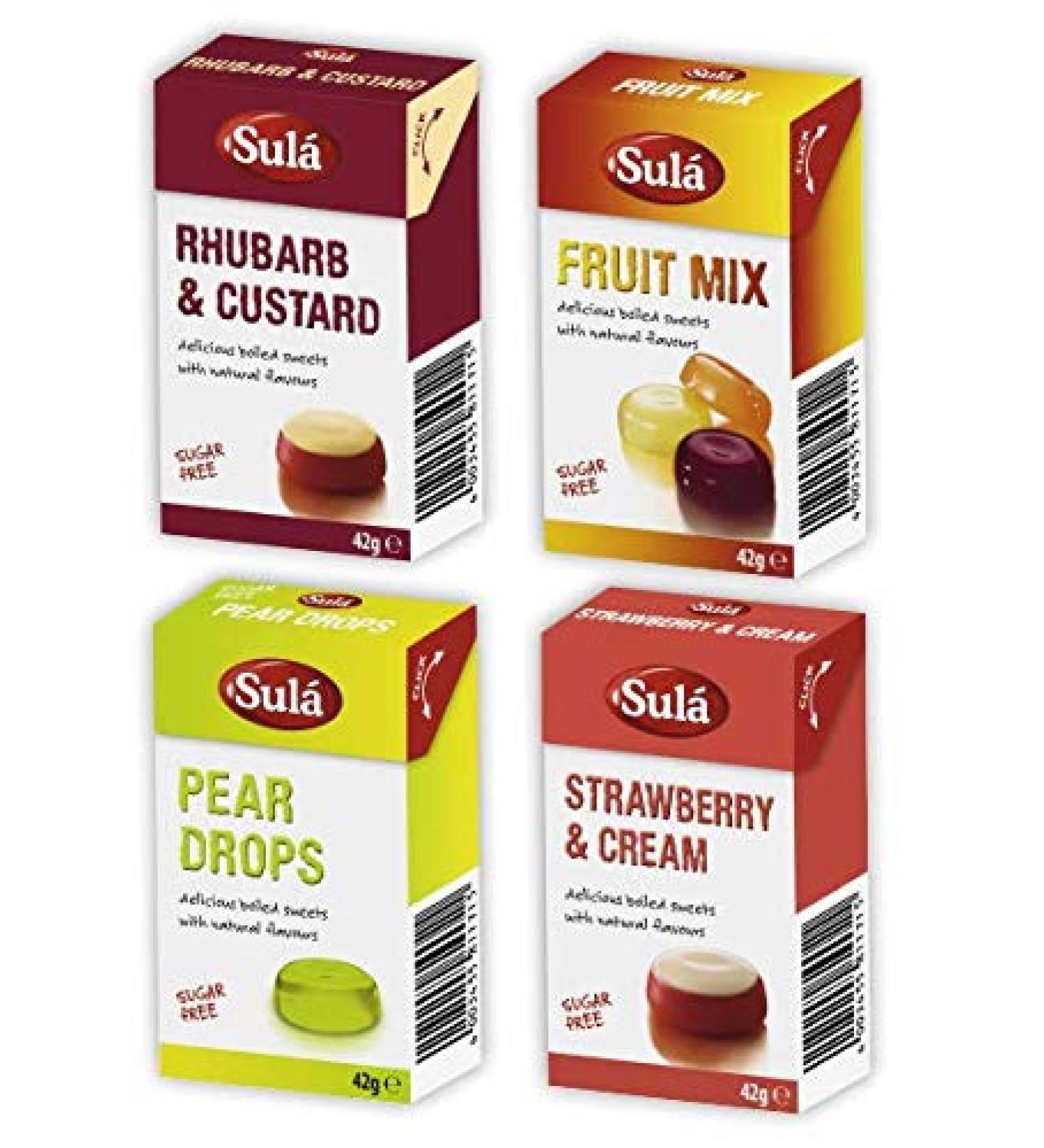 Sula Sugar Free Sweets - Fruity Selection - 1 x Pear Drops Fruit Mix Rhubarb & Custard Strawberry & Cream