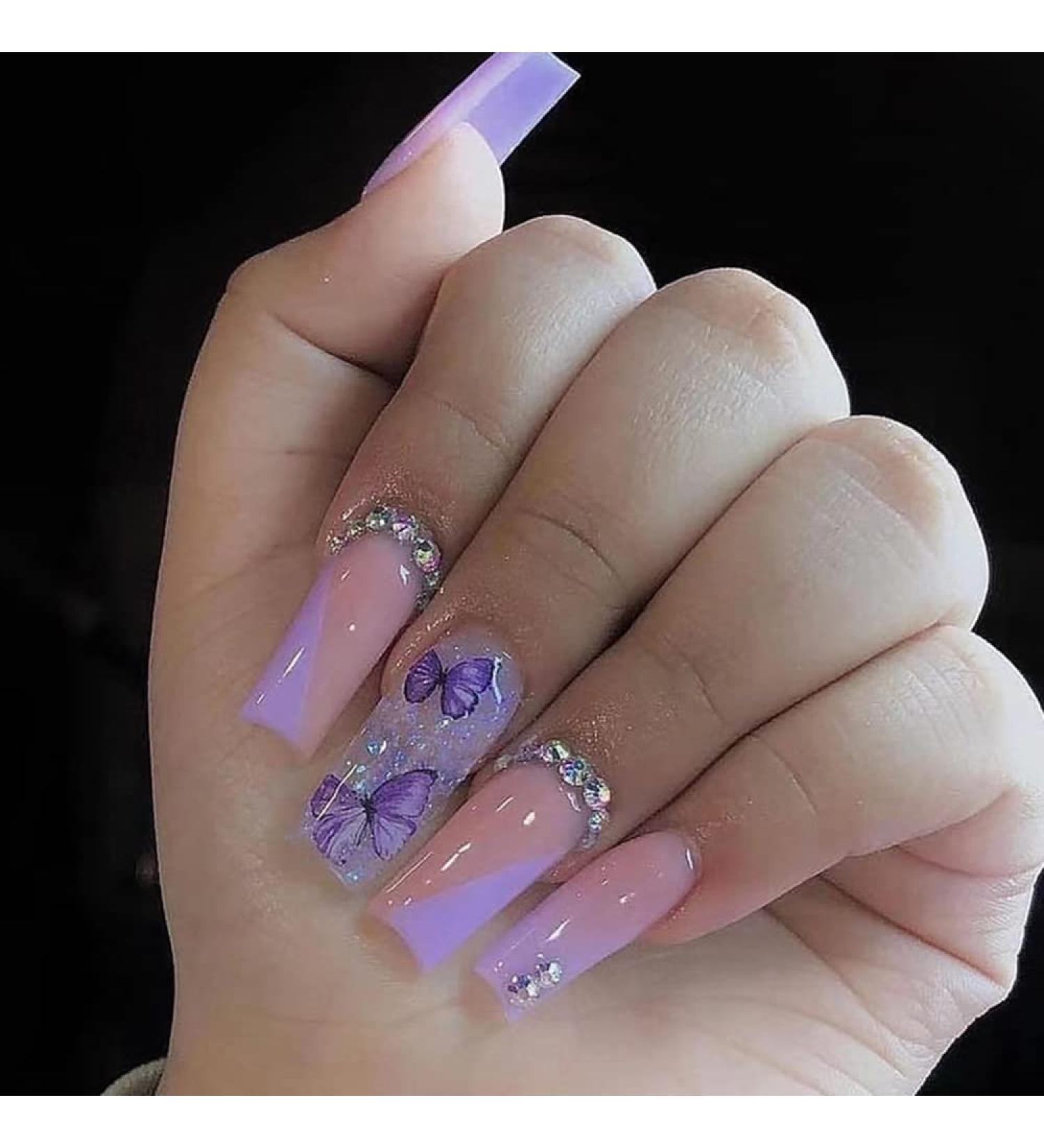 Medium Length Square Coffin Nude Fake Nails with Purple Butterfly 3D Rhinestones - 24Pcs - Buy Online on GoSupps.com