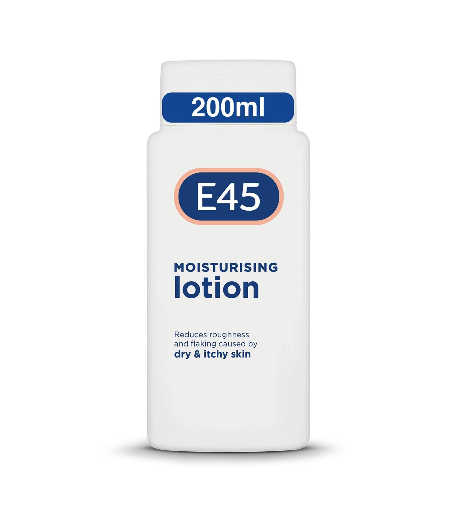 E45 Dermatological Moisturising Lotion 200ml - Daily Moisturiser for Dry & Sensitive Skin, Long-Lasting Hydration, Protects from Dryness, Reduces Redness & Flaking - Buy Online on GoSupps.com