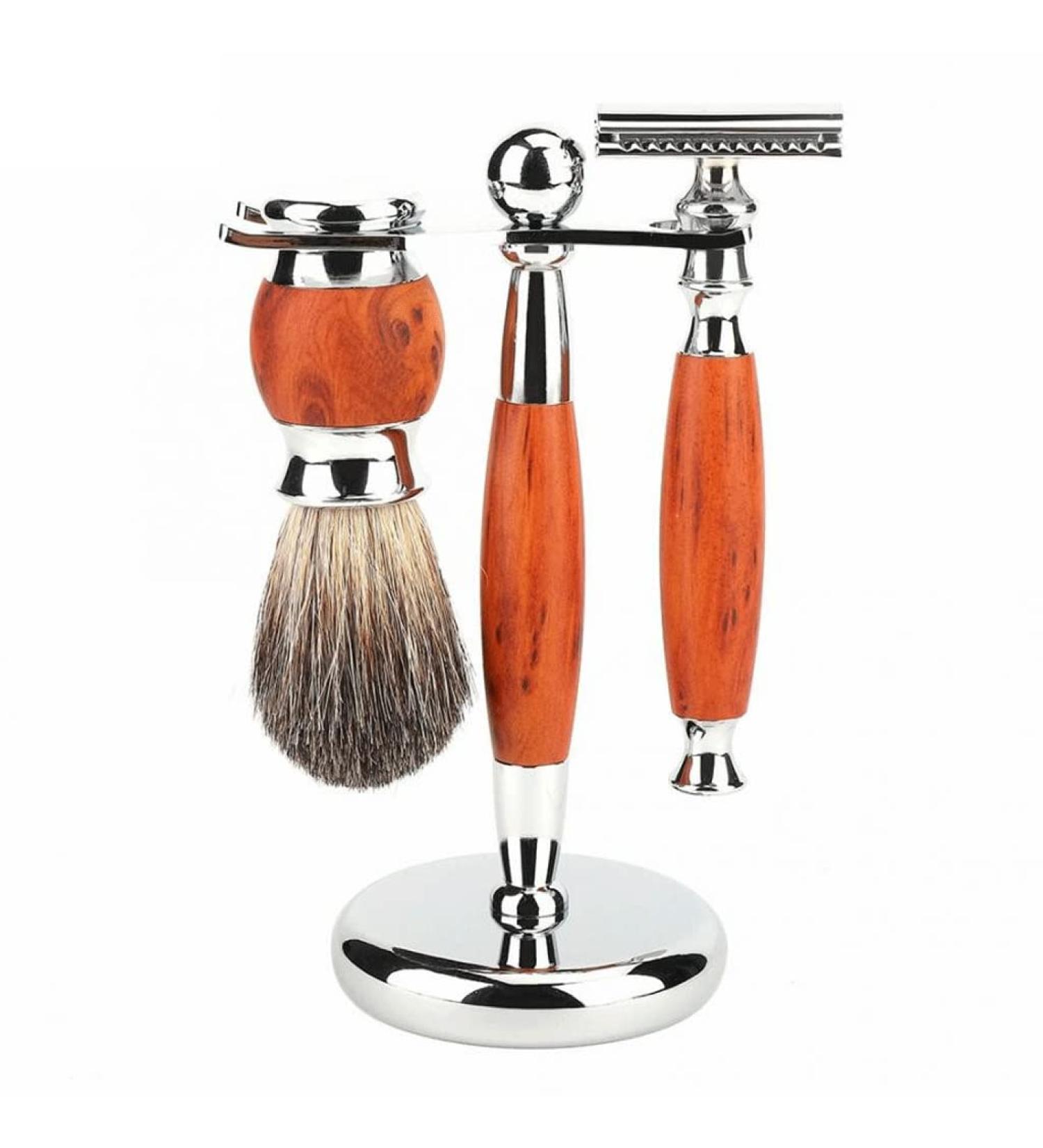 2-in-1 Razor Holder & Shaving Brush Set for Men - Practical Manual Tool Stand in Silver - Buy Online on GoSupps.com