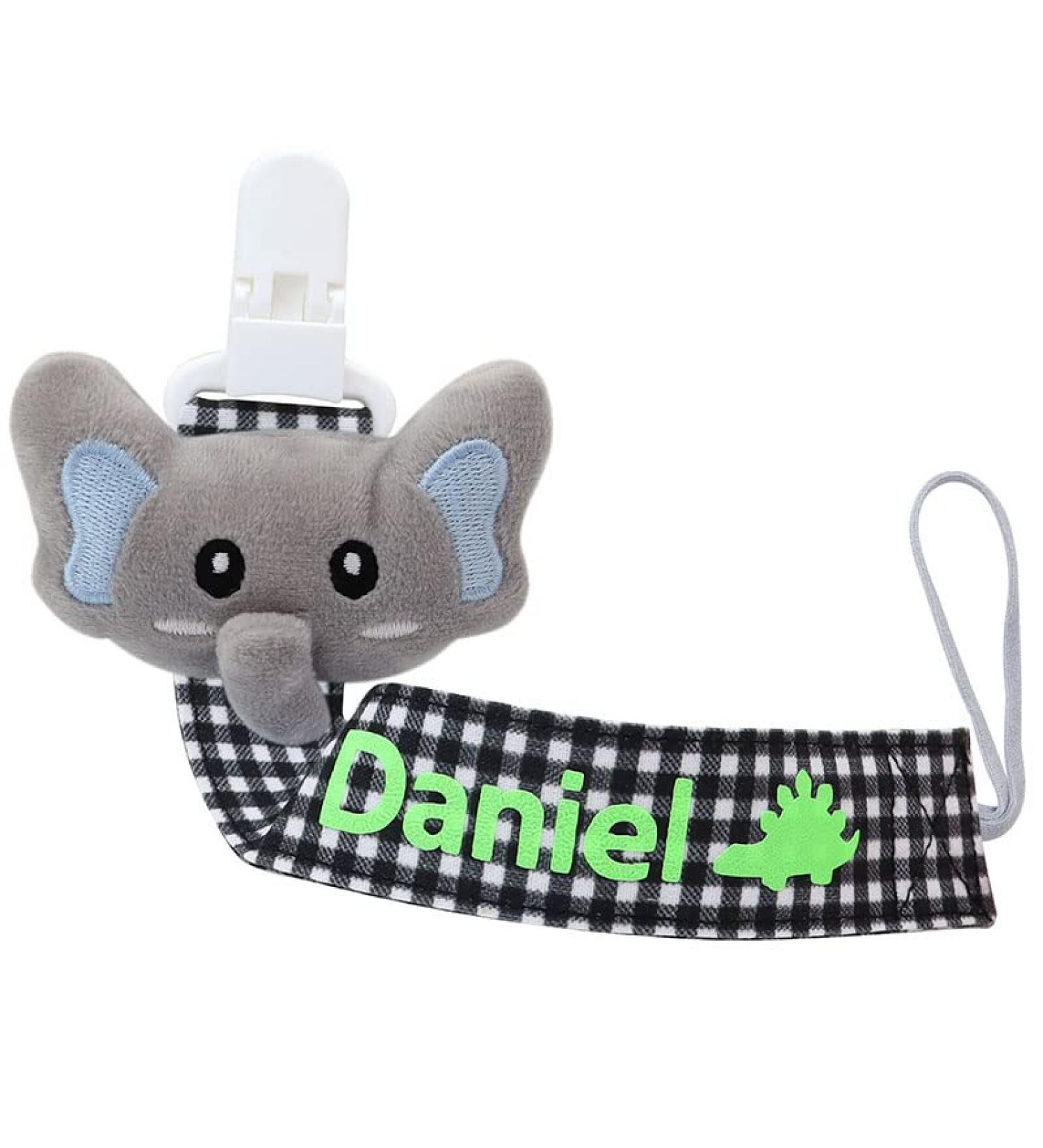 Personalized Pacifier Clip with Name - Ausbay Paci Holder for Boys and Girls - Cotton Fabric Leash for Pacifiers - Black Elephant Pattern - Buy Online on GoSupps.com
