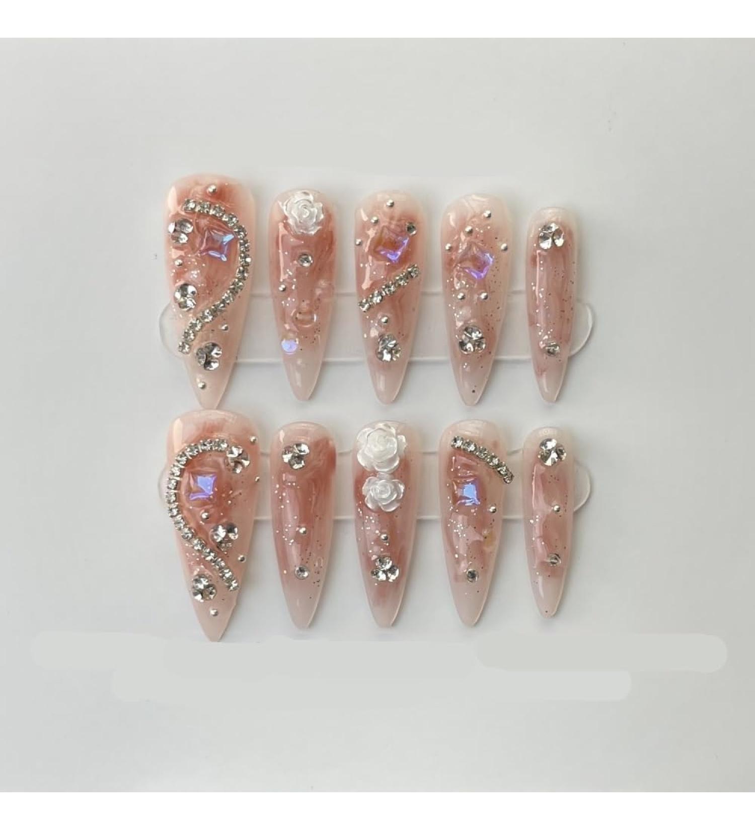 Handmade wearing of almond fake nails and finished product for repeated use in nail enhancement(L) 1 count (Pack of 1) Pink