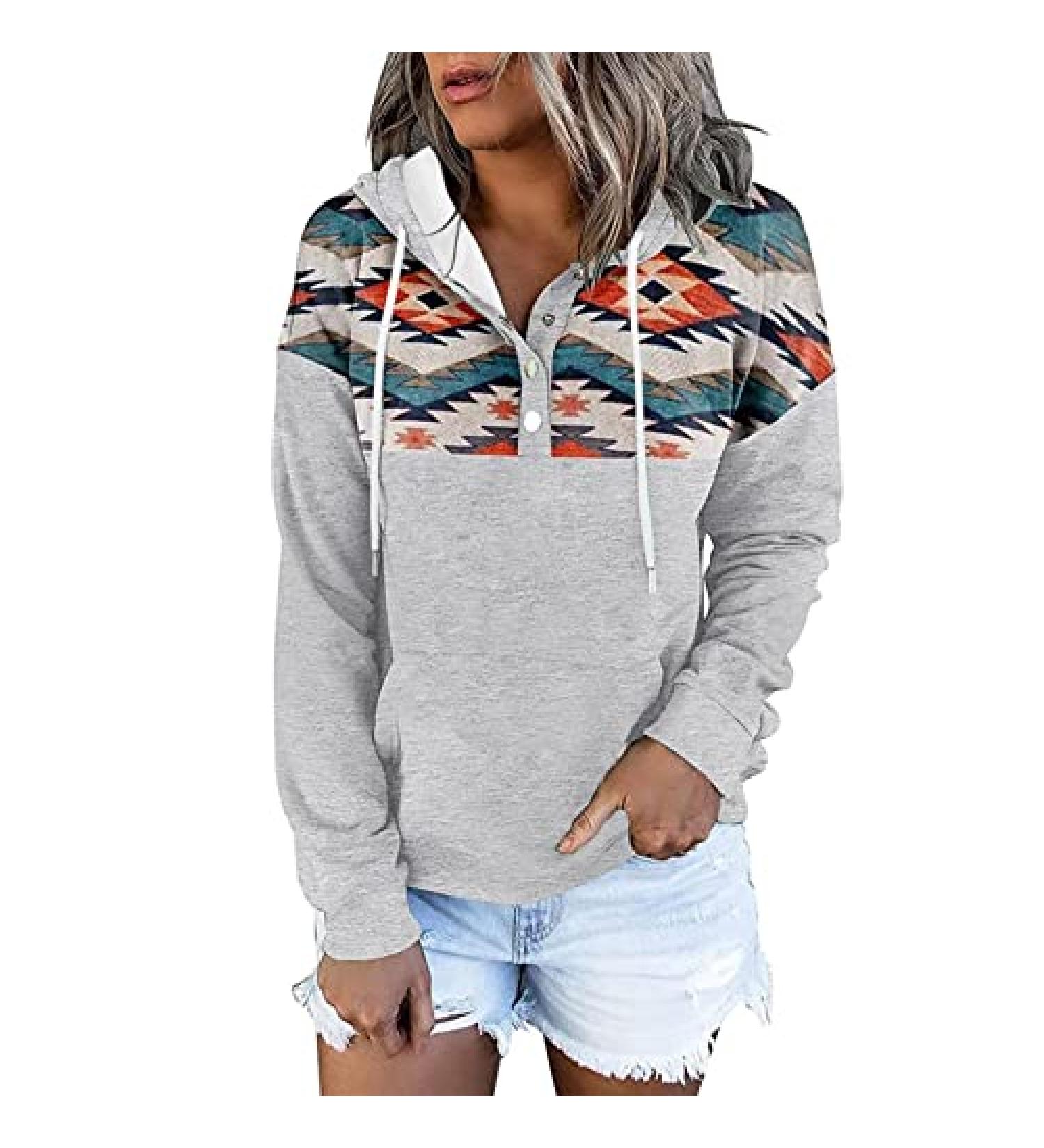 Women's Gray Hooded Print Button V-Neck Sweatshirt - X-Large - Buy Online on GoSupps.com