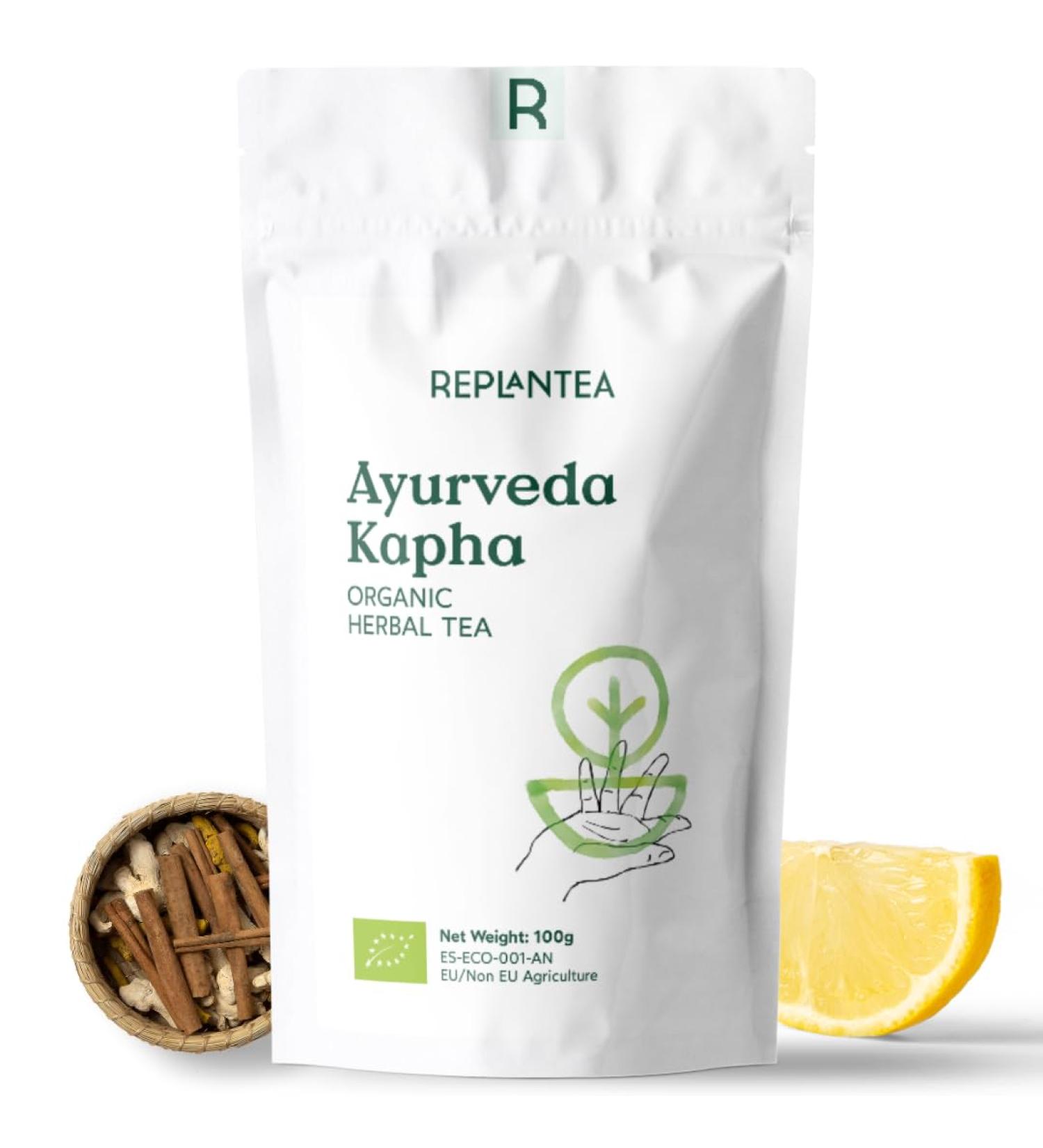 Ayurveda Tea Kapha Organic 100g (50 Cups) | Herbal Loose Leaf Tea with Ginger Lemon Liquorice Cinnamon Lemongrass REPLANTEA - Buy Online on GoSupps.com