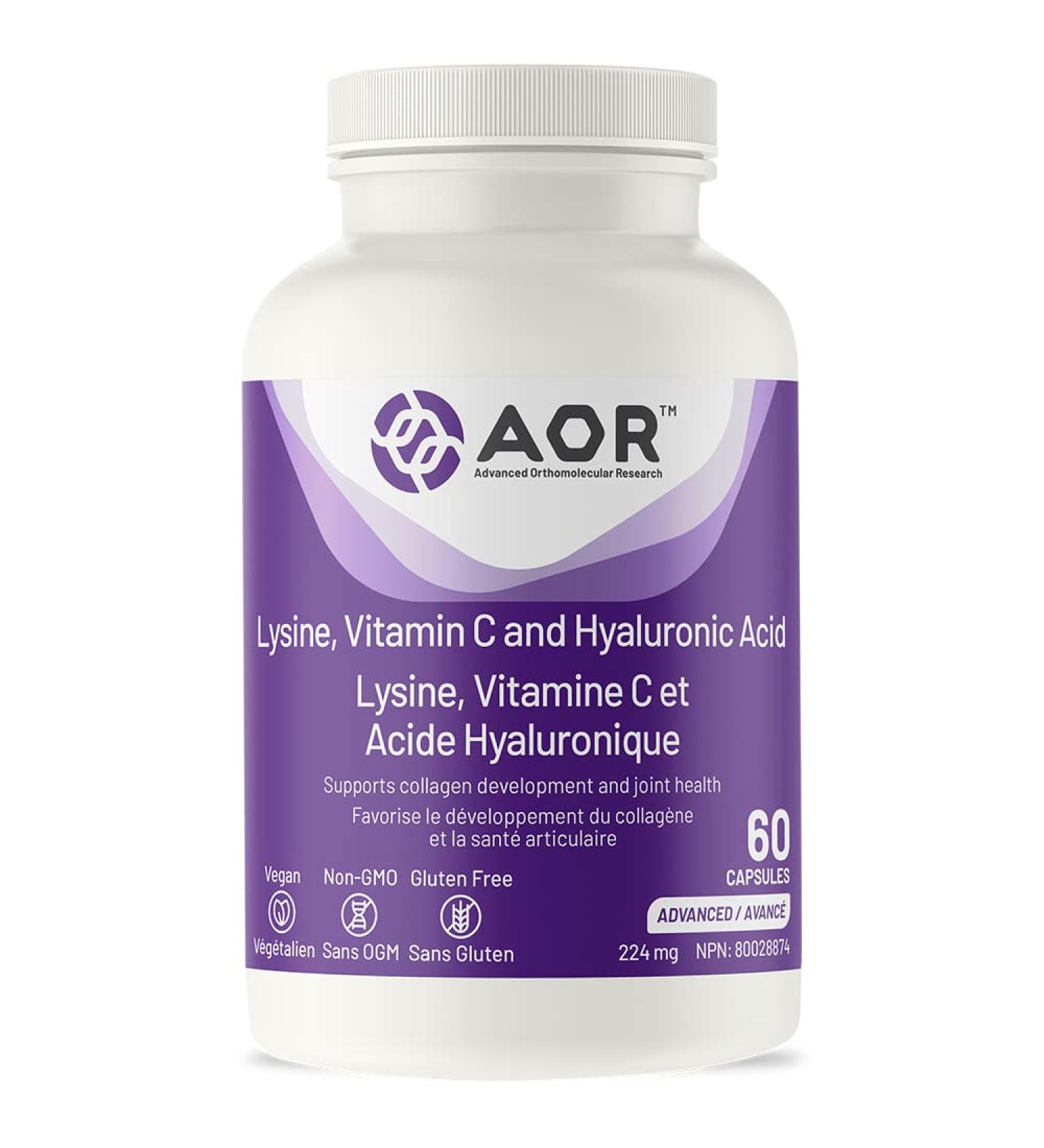 AOR - Lysine Vitamin C and Hyaluronic Acid 60 Capsules - Support Collagen Development Bone Health Healthy Cartilage Joint Health Skin Health Strengthens Tendon and Ligament Supplement - Buy Online on GoSupps.com