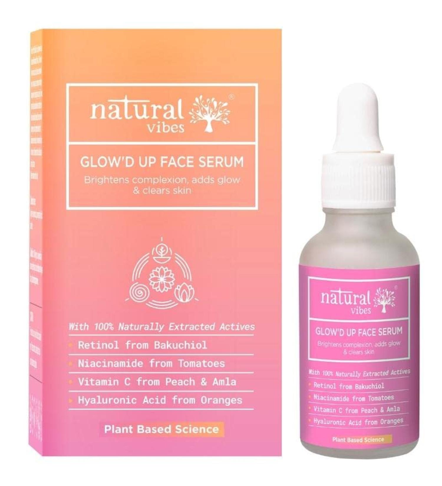 Natural Vibes Glow d Up Face Serum | 100% Plant-Based Niacinamide Vitamin C Retinol & Hyaluronic Acid | Clear Bright Hydrated Skin | Anti-Aging | 30 ml | Unisex - Buy Online on GoSupps.com