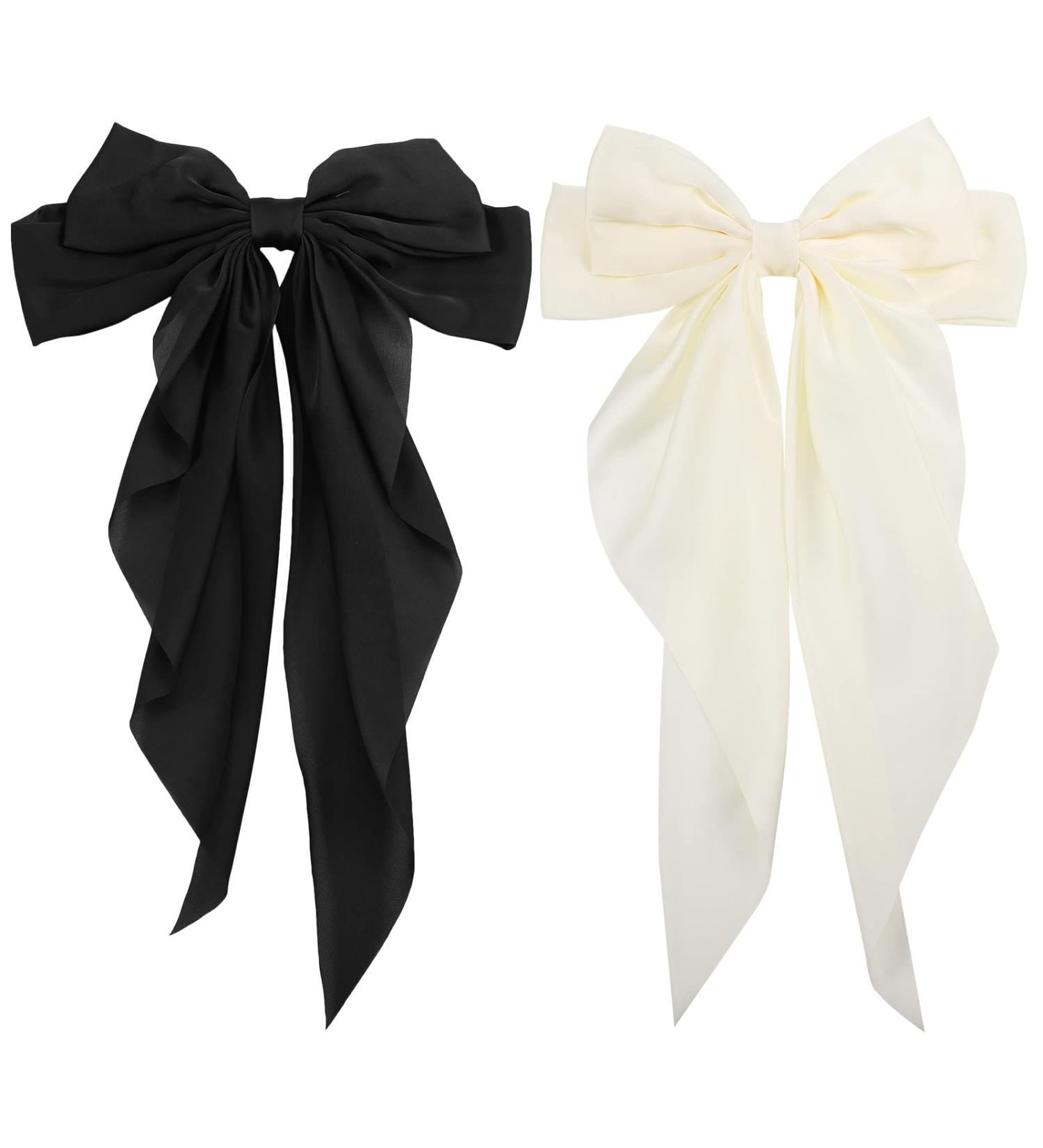 RosewineC 2 PCS Bow Hair Clips with Satin Tail - Black & White French Automatic Barrettes for Women and Girls - Buy Online on GoSupps.com