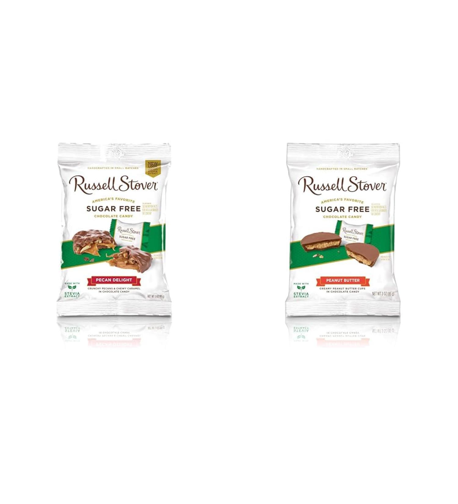 Russell Stover No Sugar Added Pecan Delights 85-Gram Bag (Pack of 1) & No Sugar Added Peanut Butter Cups 85-Gram Bag Chocolate Candy+ Cup - Buy Online on GoSupps.com