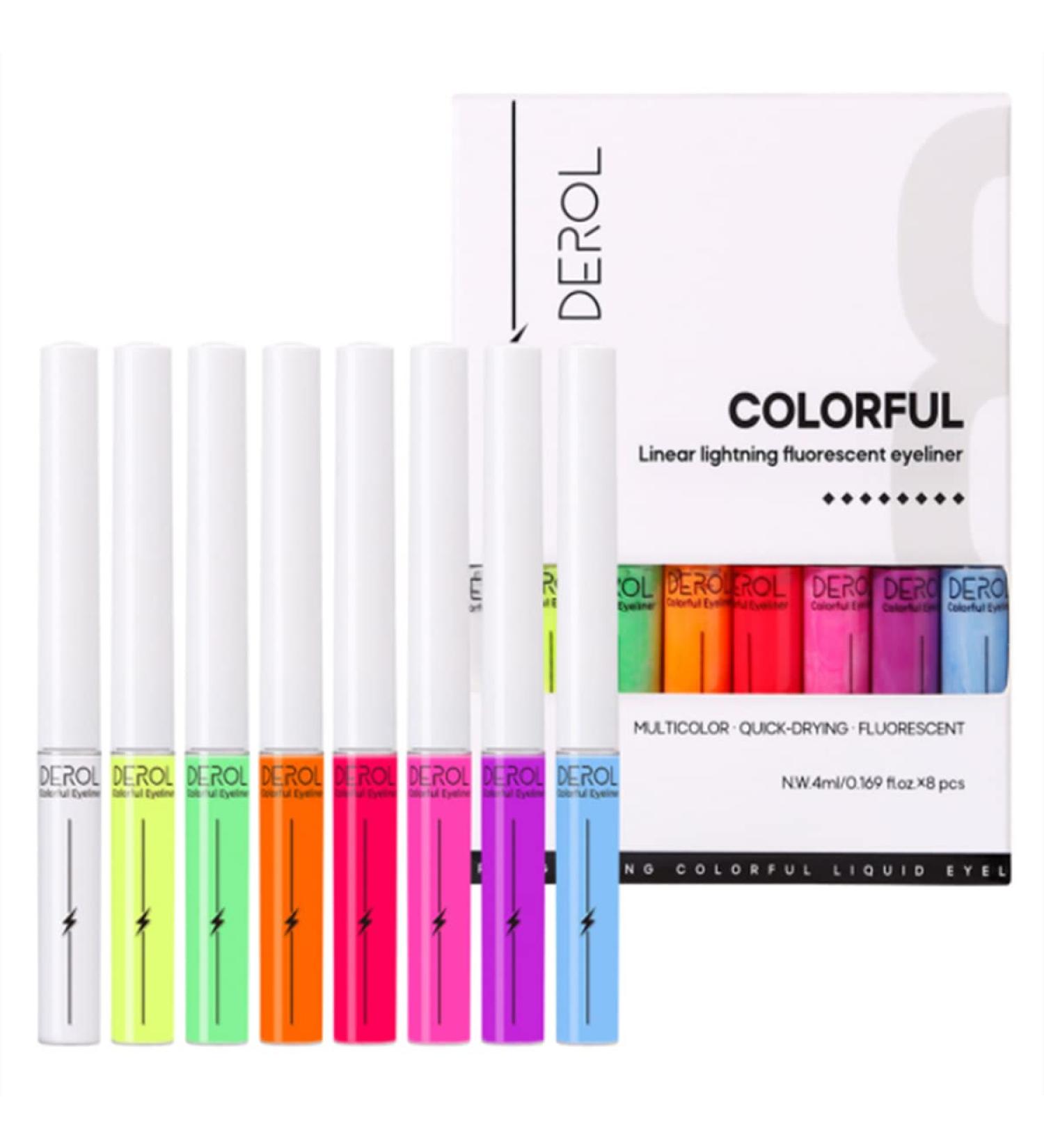 Shop Fluorescent Liquid Eyeliner - 8 Color Rainbow Neon Shimmer Waterproof & Sweatproof UV Makeup - Buy Online on GoSupps.com