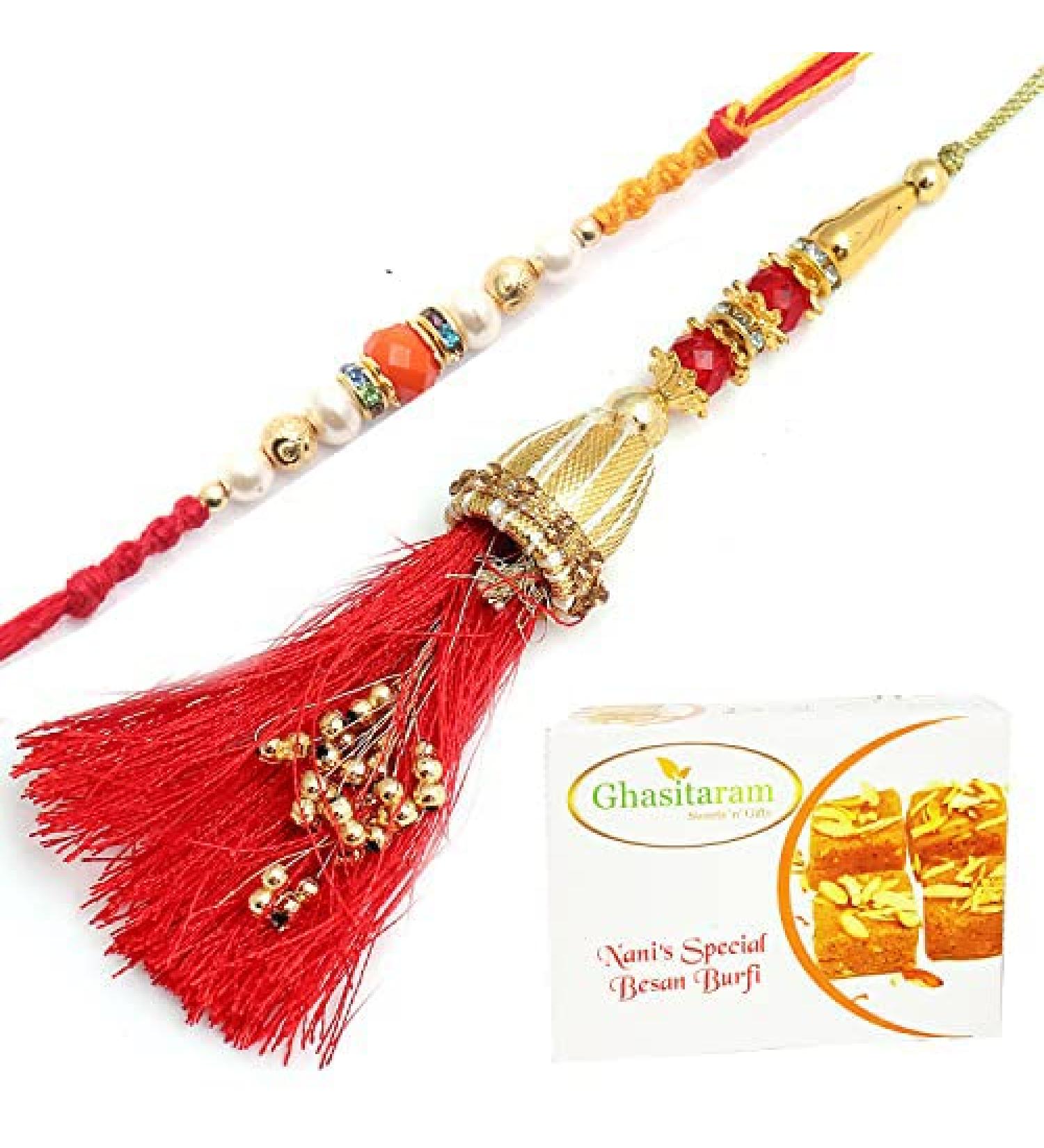 Ghasitaram Gifts Rakhis Online - Rakhi for Brother- Ibiza Bhaiya Bhabhi Rakhi with 400 GMS of Besan Barfi Rakhi Set with 400 gms of Besan Barfi - Buy Online on GoSupps.com