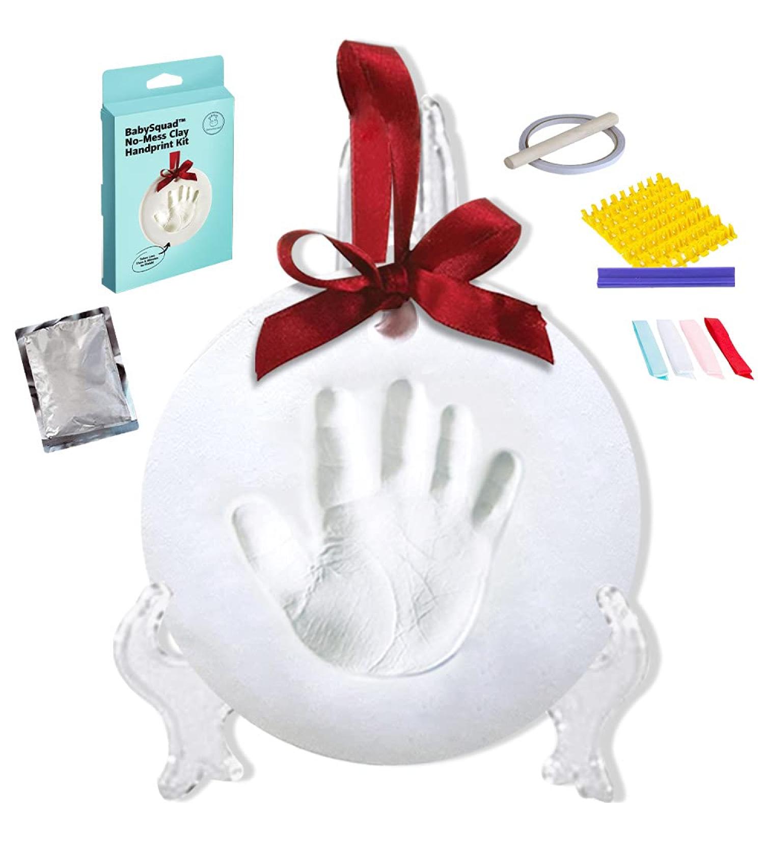 BabySquad Handprint Footprint Clay Keepsake Ornament Kit - Non Toxic & Shatterproof - Includes Stencil, Easel, Ribbons, Claypack, Rolling Pin & More - Buy Online on GoSupps.com