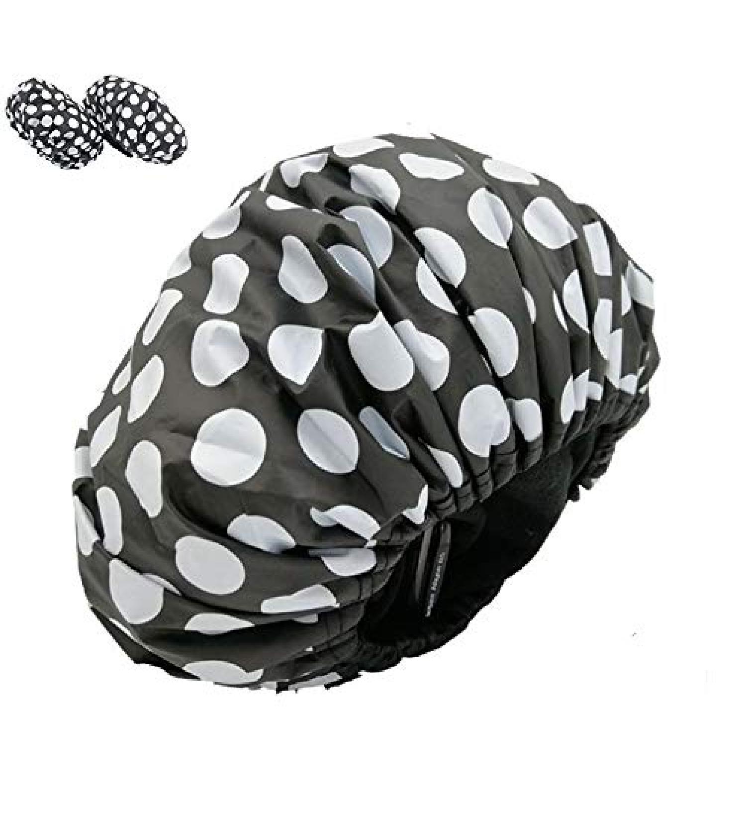 Reusable Terry-Lined Shower Cap for Women | Waterproof Bath Cap | Washable | Black-White Dots - Buy Online on GoSupps.com
